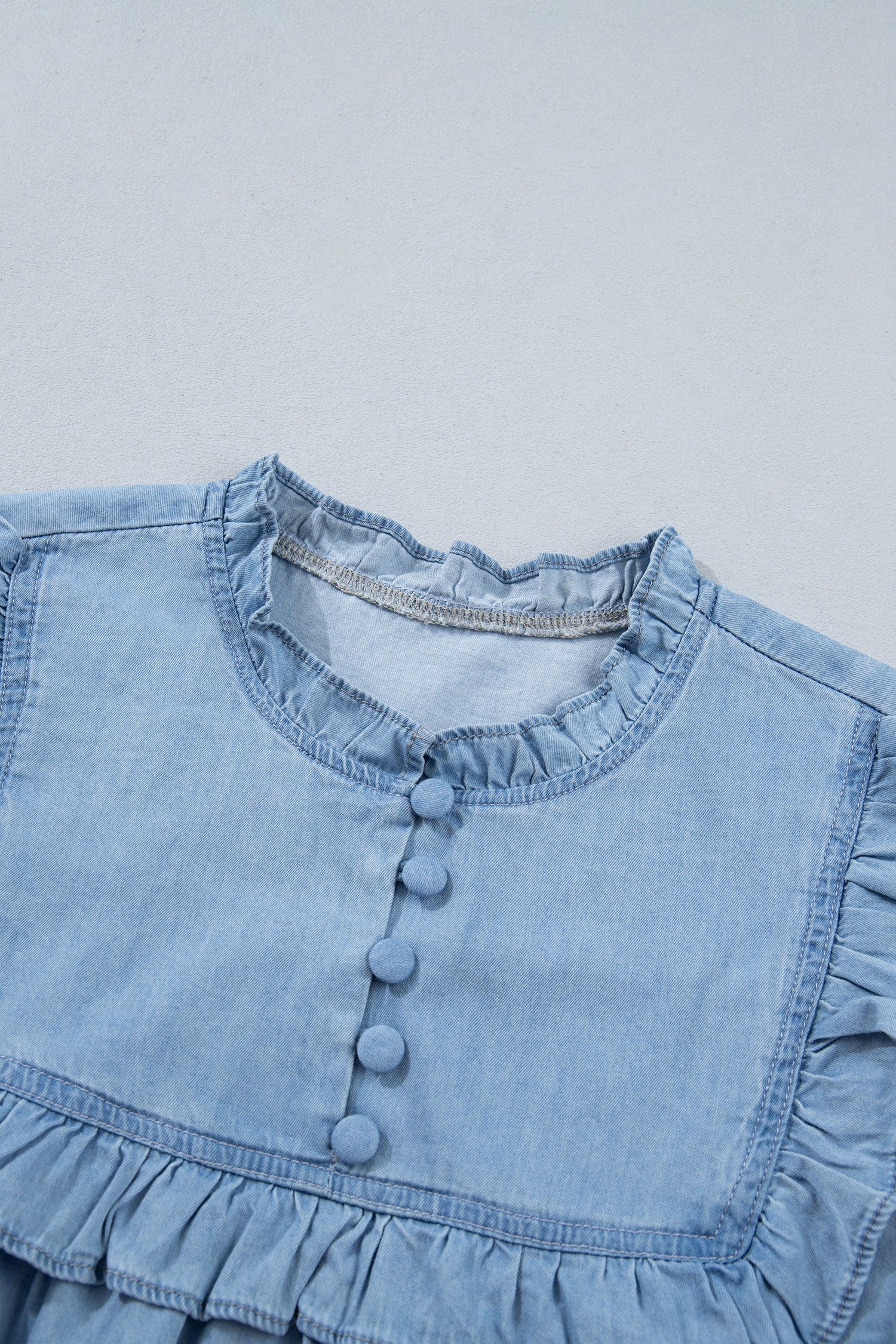 Western Denim Chambray Ruffle V-Neck Long Sleeve Blouse