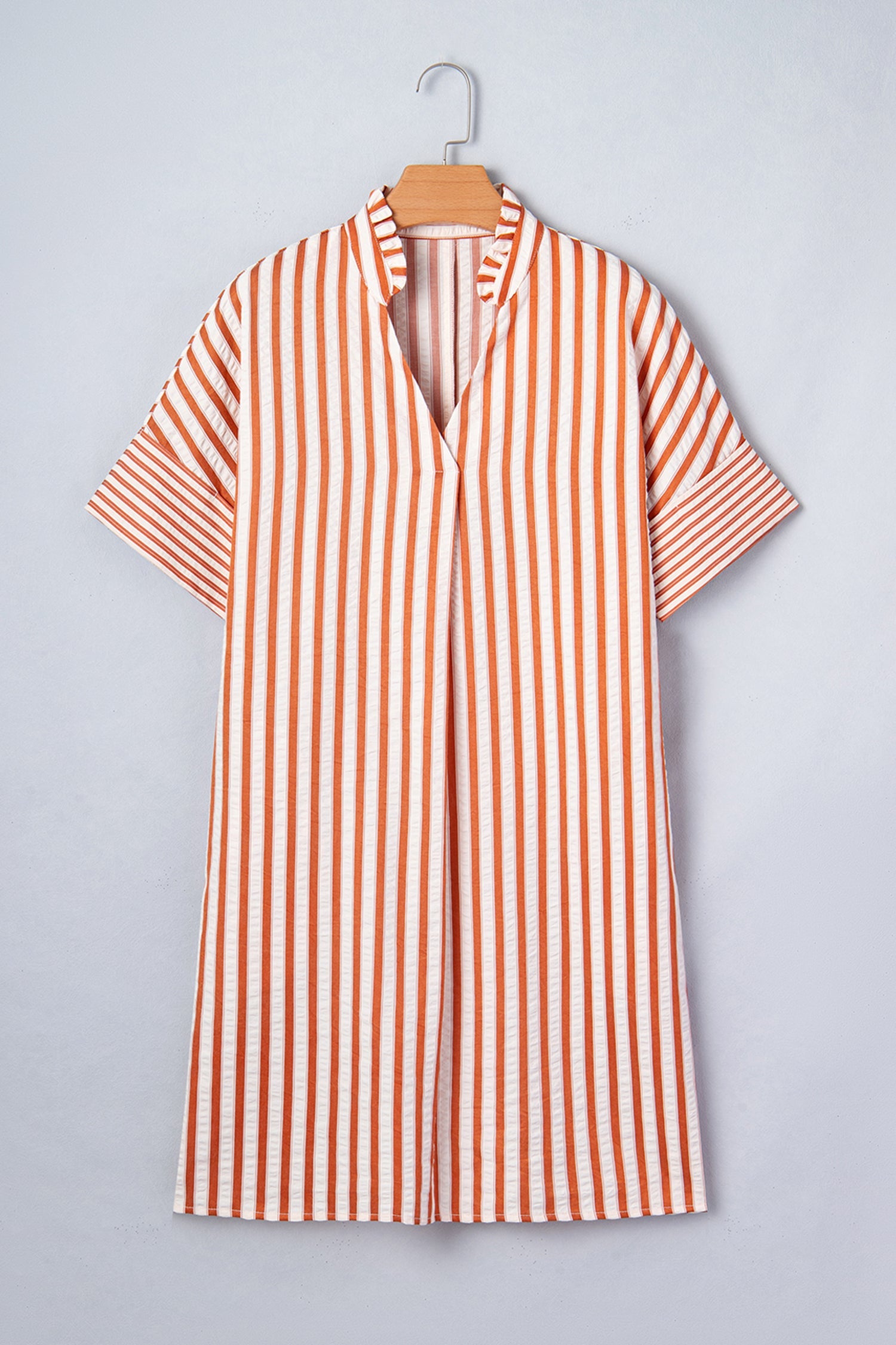 Stripe Pleated Frilled V-Neck Mini Dress