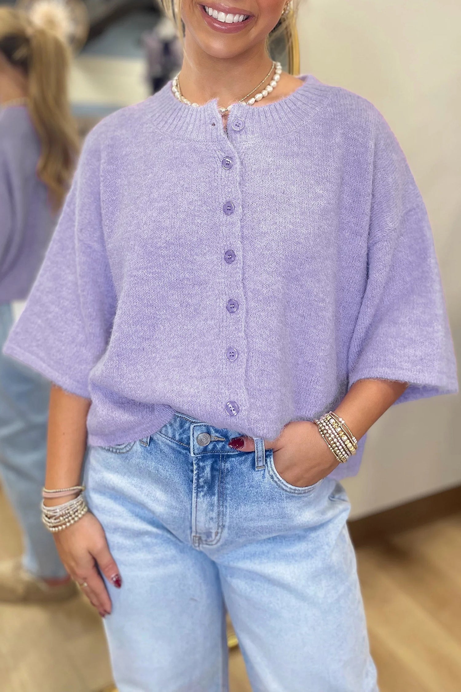 Solid 3/4 Sleeve Boxy Button-Down Cardigan