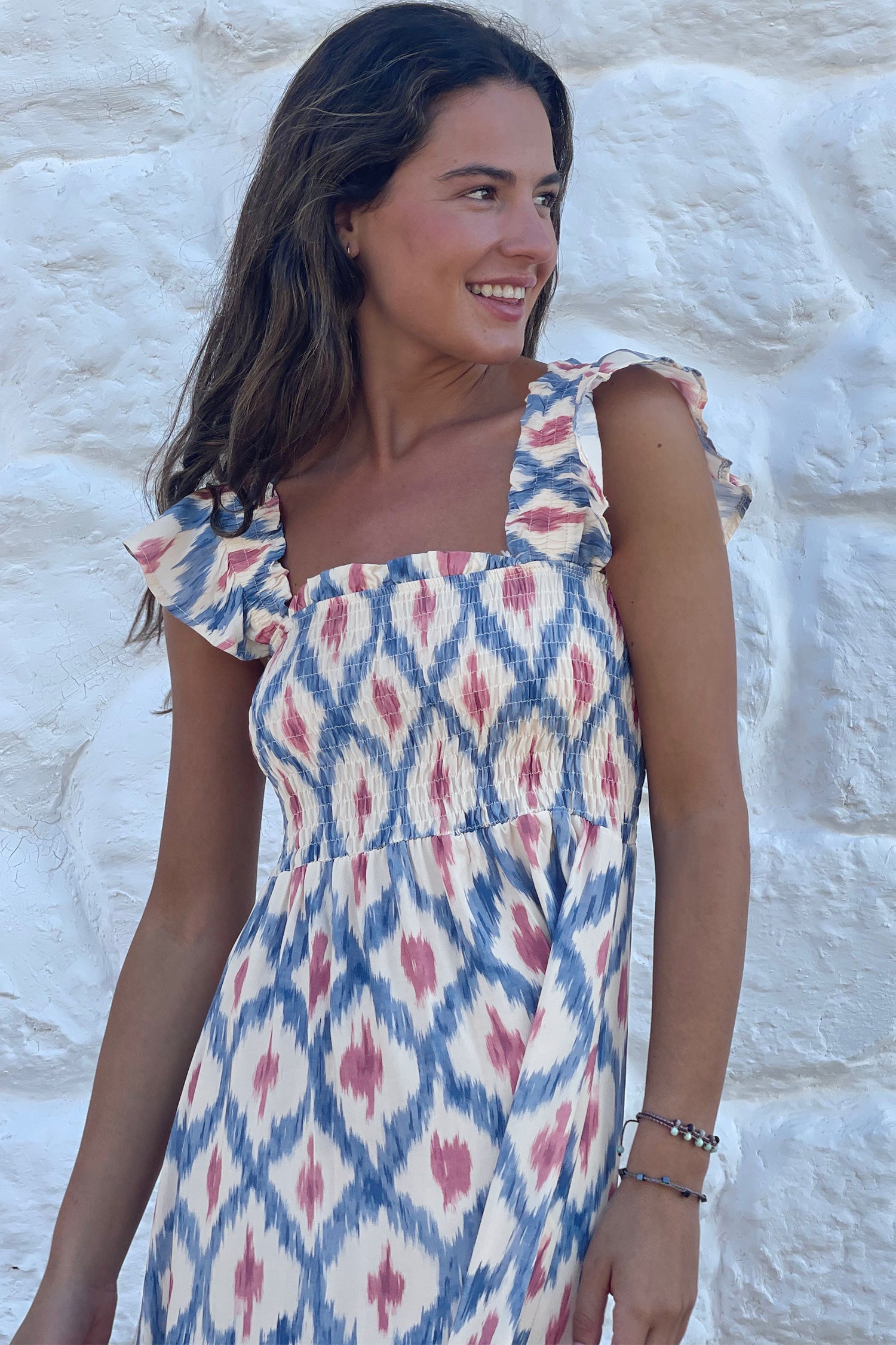 Boho Geometric Smocked Square Neck Ruffle Dress