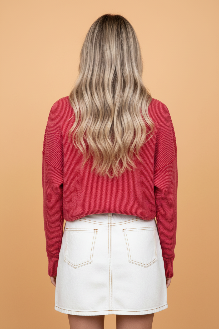 Gingham Patchwork Corded Knit Long Sleeve Top