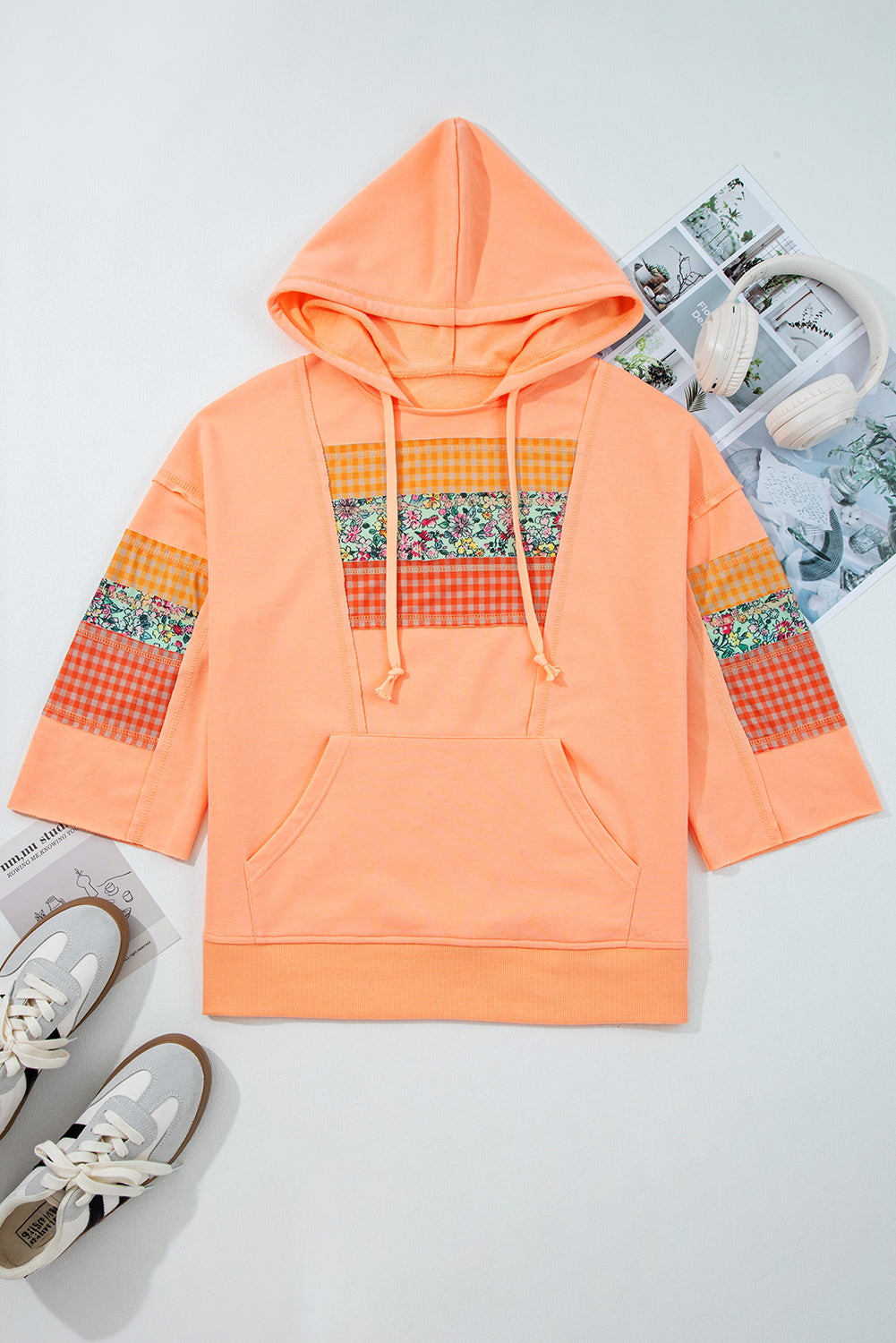 Plaid Floral Patchwork Kangaroo Pocket Hooded Top