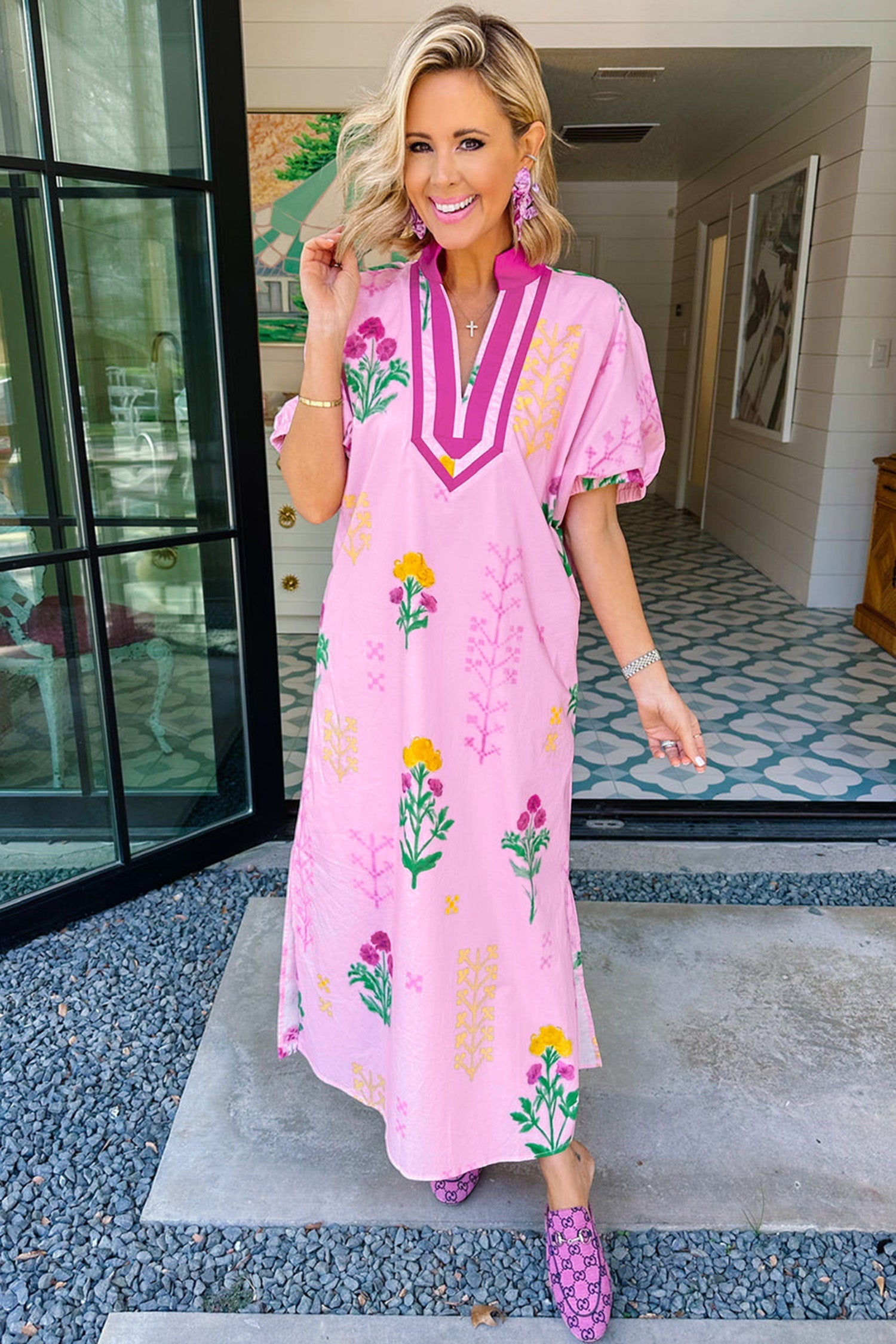 Floral Colorblock Trim V-Neck Midi Dress