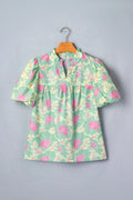 Floral Frilled V-Neck Bubble Sleeve Babydoll Blouse