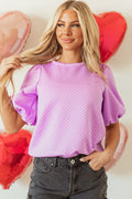 Solid Textured Round Neck Puff Sleeve Blouse