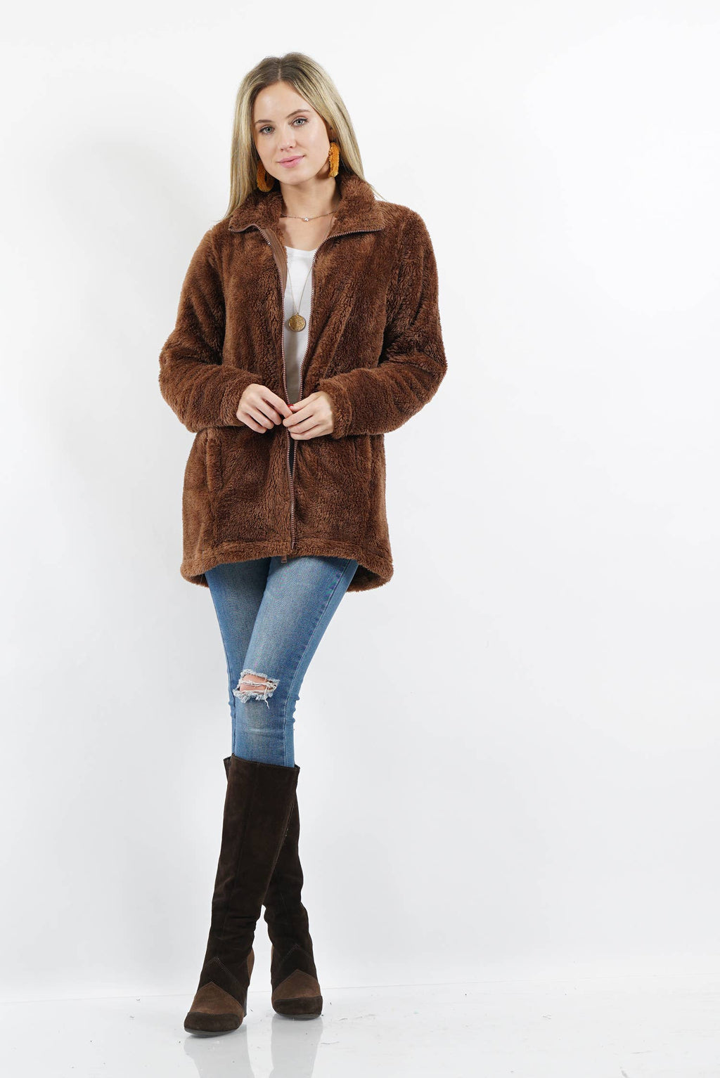',,,._ Faux fur Jacket: CAMEL-173616 / L