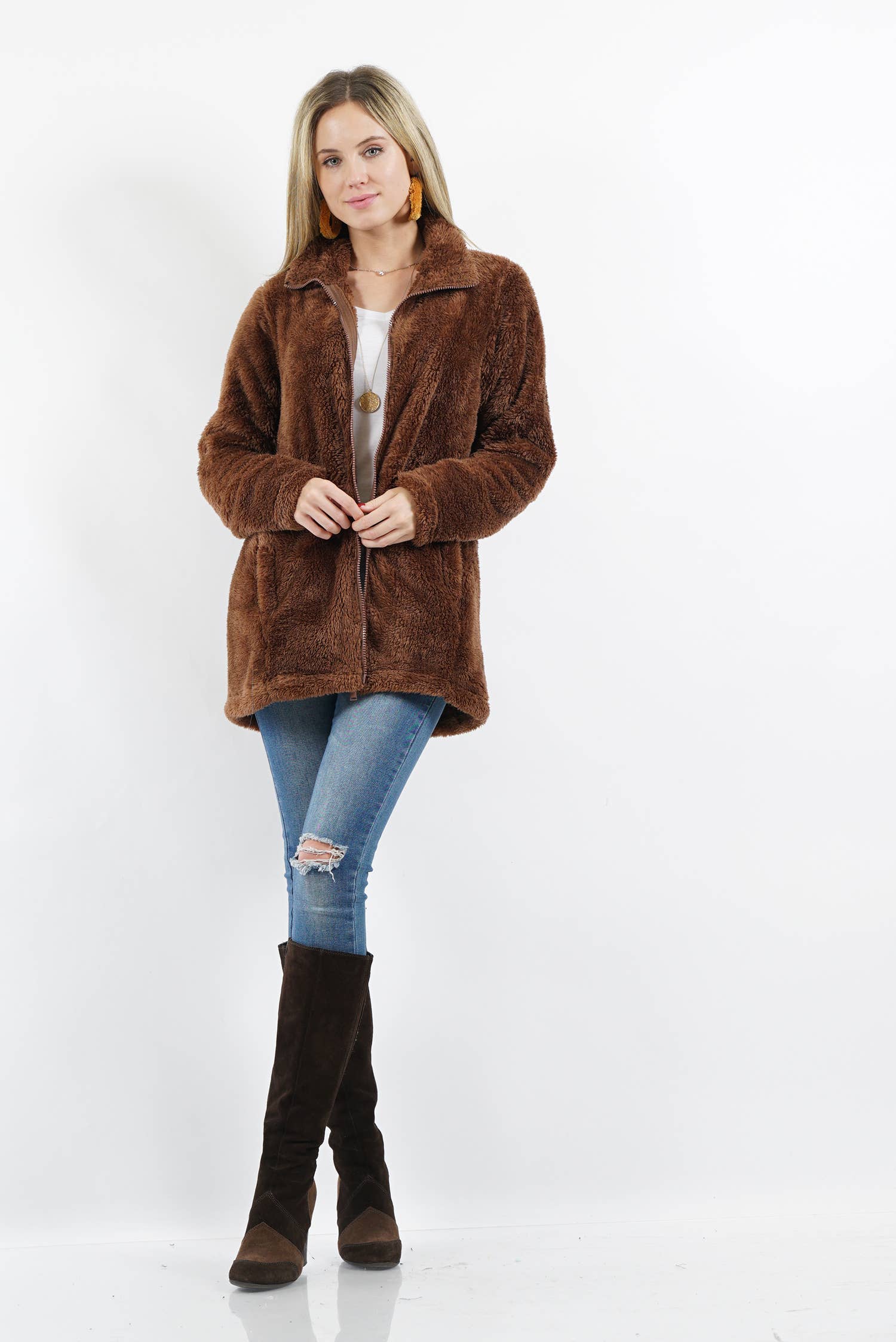 ',,,._ Faux fur Jacket: CAMEL-173616 / L