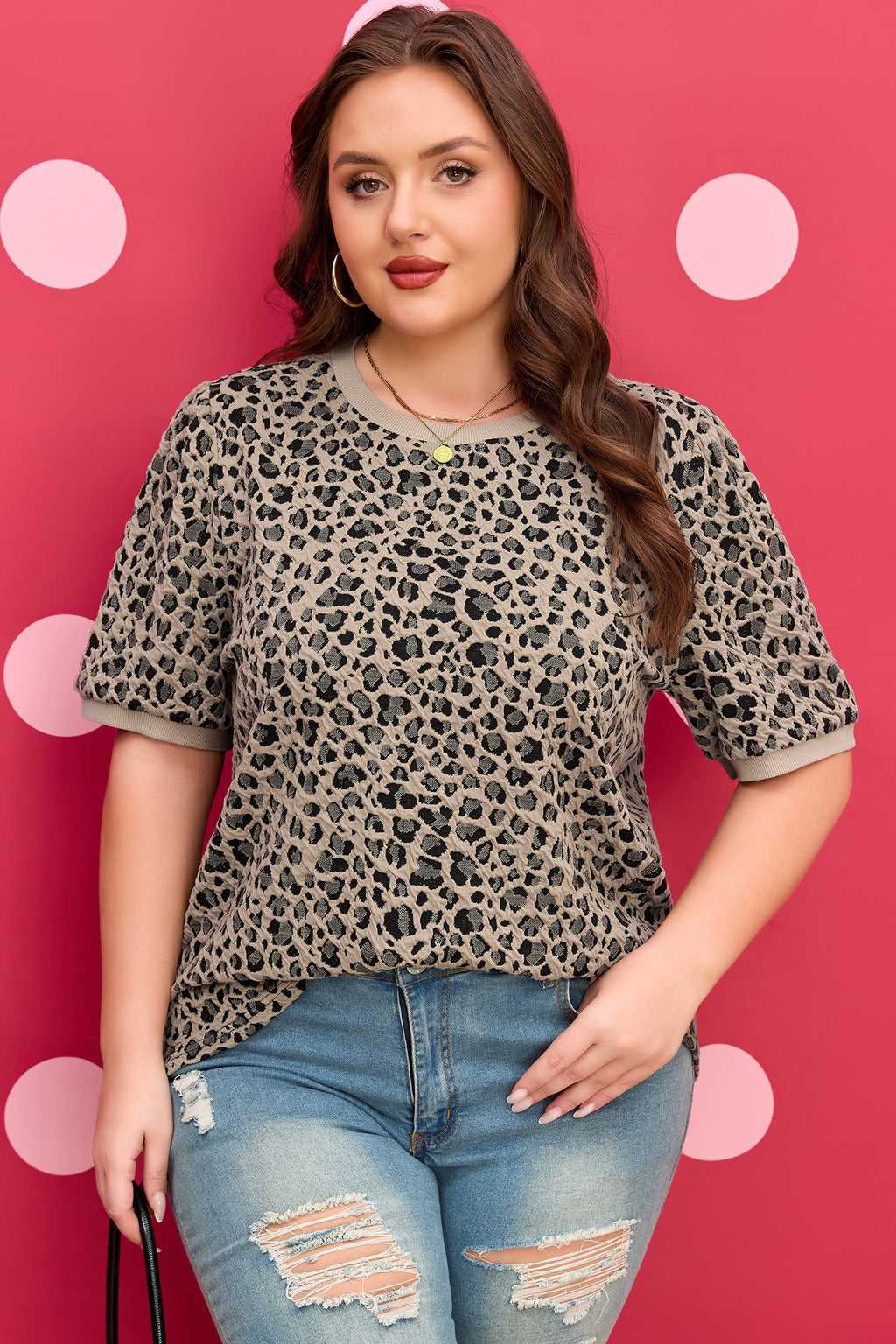 Plus Size Leopard Textured Short Sleeve T-Shirt