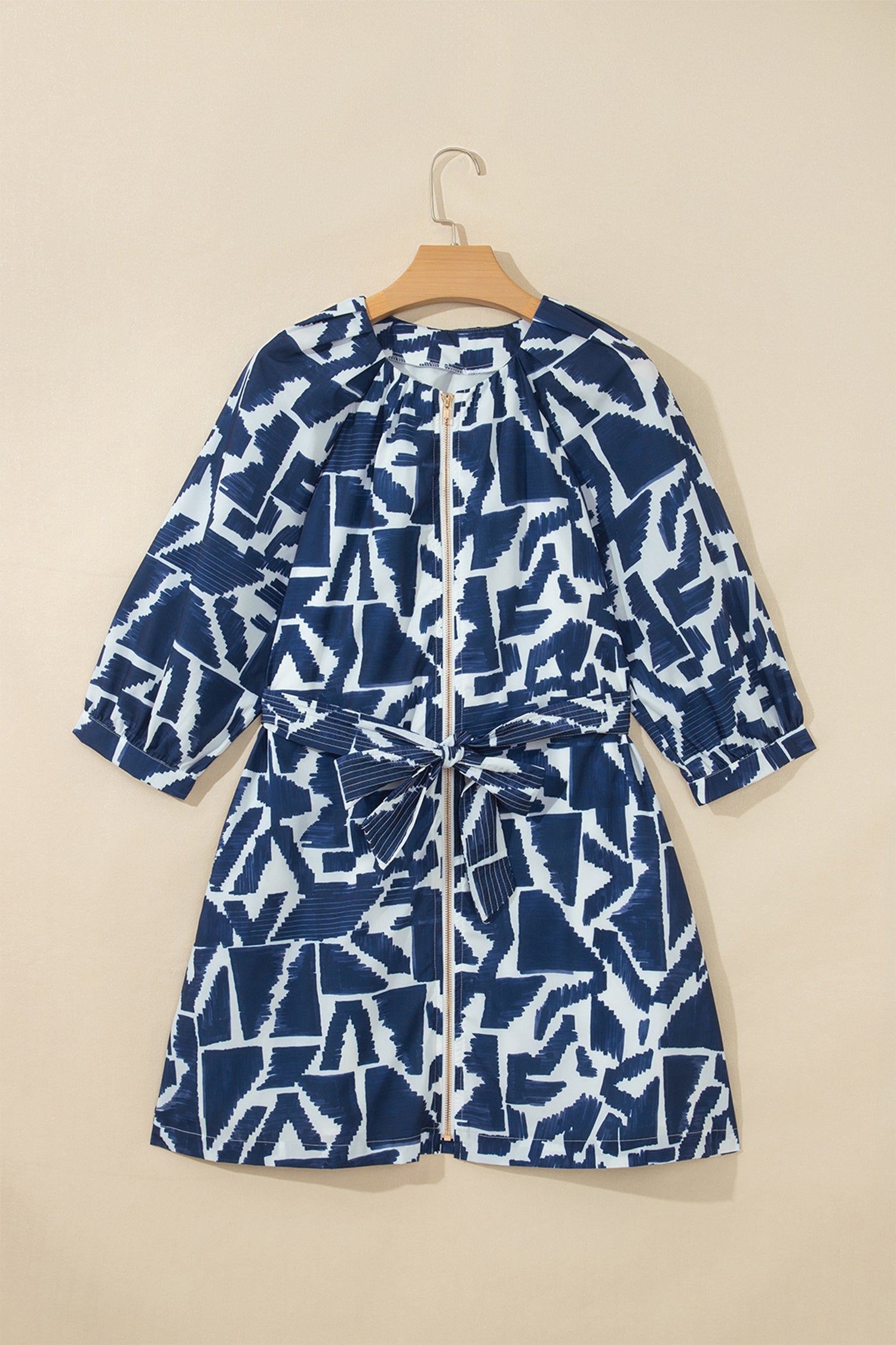 Abstract Geometric Zip Front Tie Waist Shift Dress