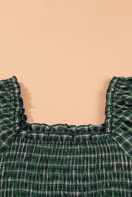 Plaid Shirred High Waist Square Neck Ruffle Hem Dress