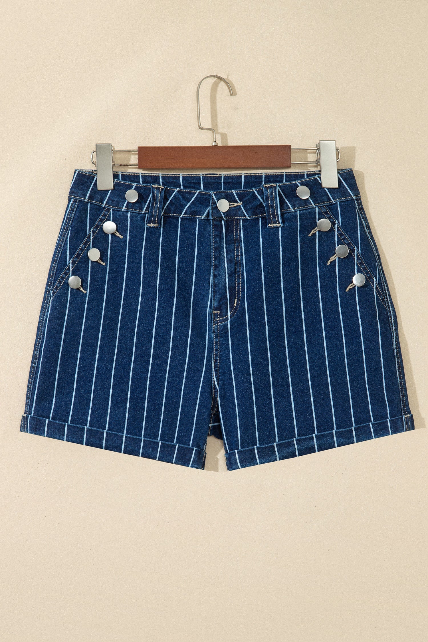 Denim Stripe Metal Button Detail Shorts