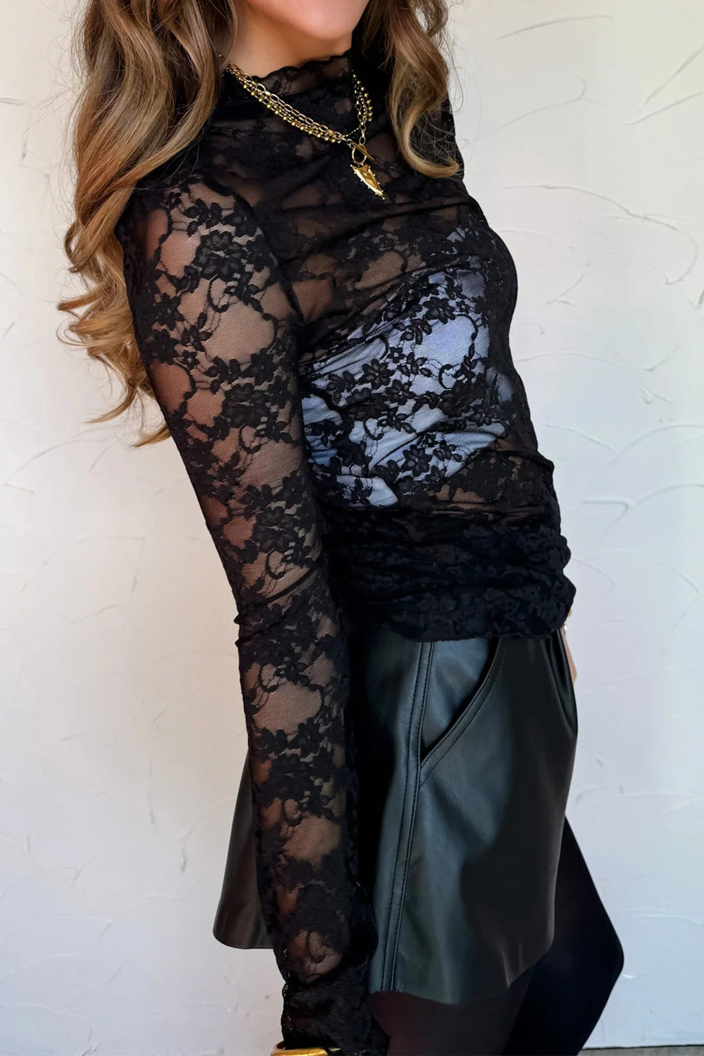 Sheer Floral Lace Mock Neck Long Sleeve Top