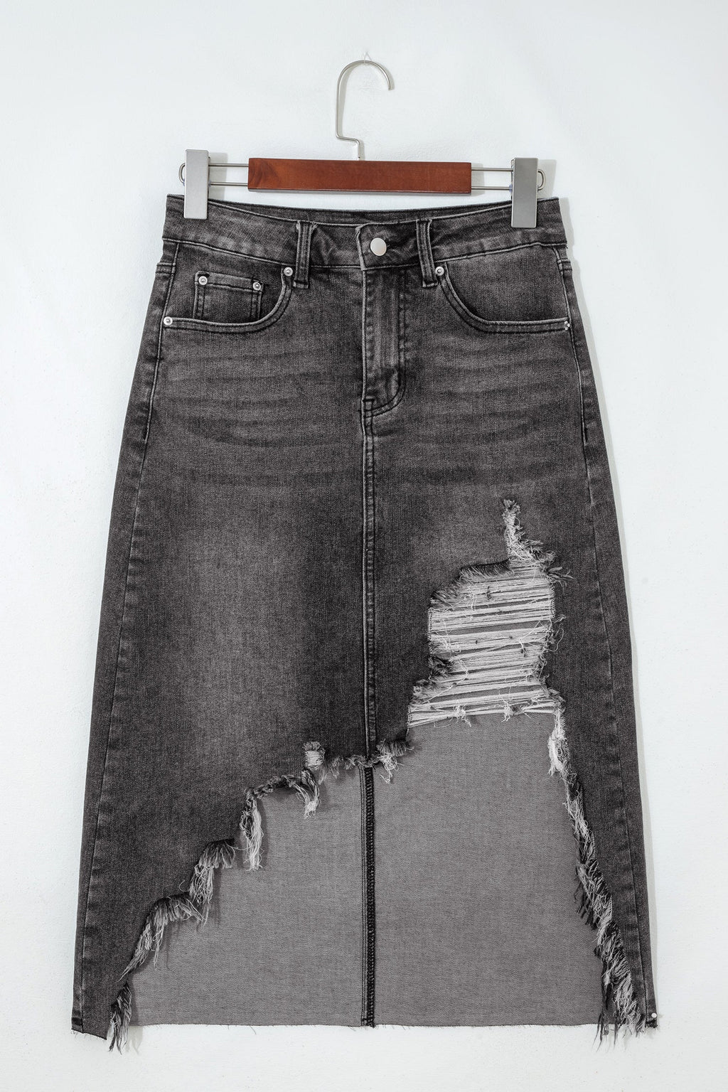 Denim Asymmetrical Distressed Midi Skirt