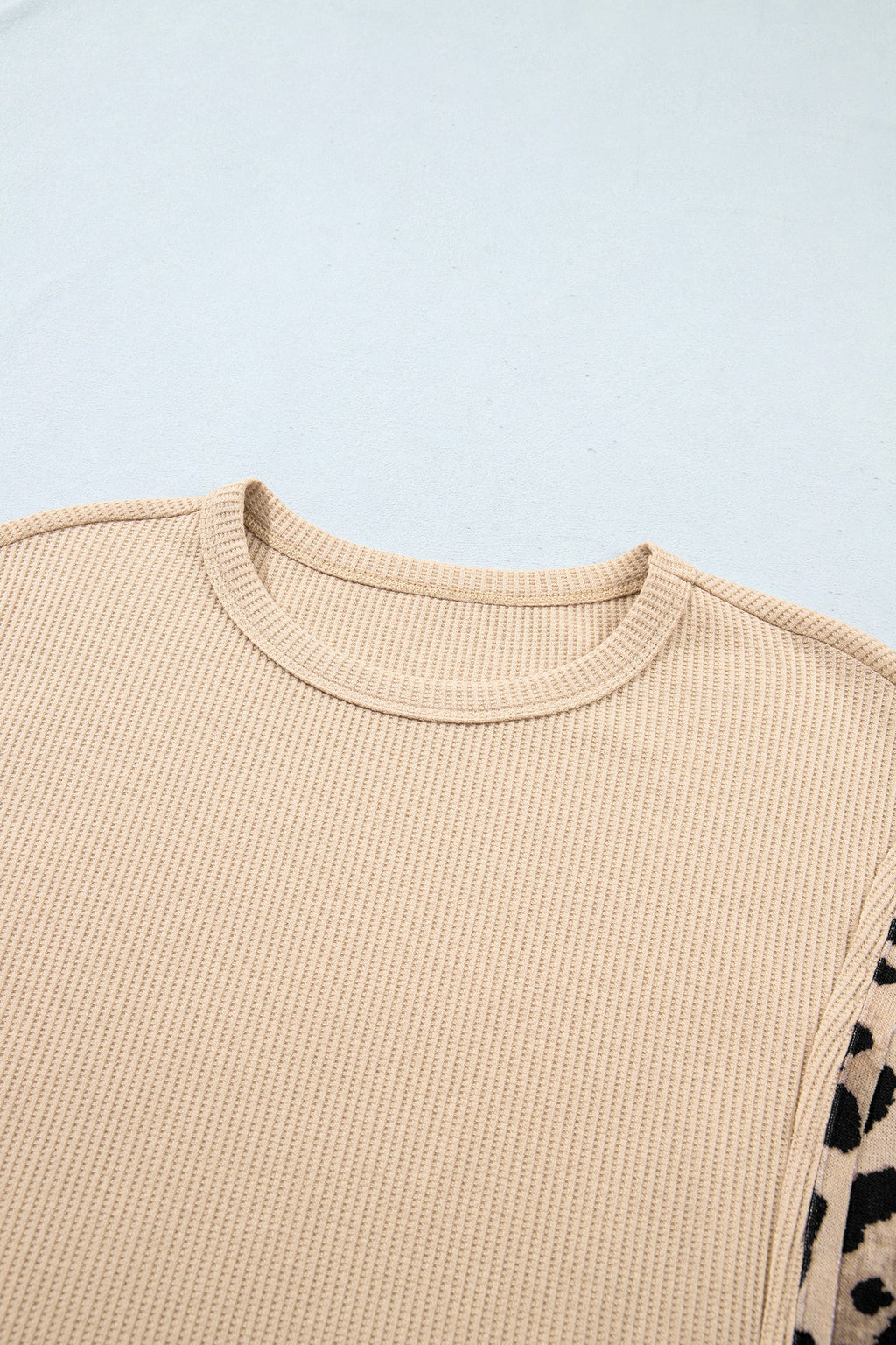 Leopard Ribbed Trim Waffle Knit Split Hem Sweater