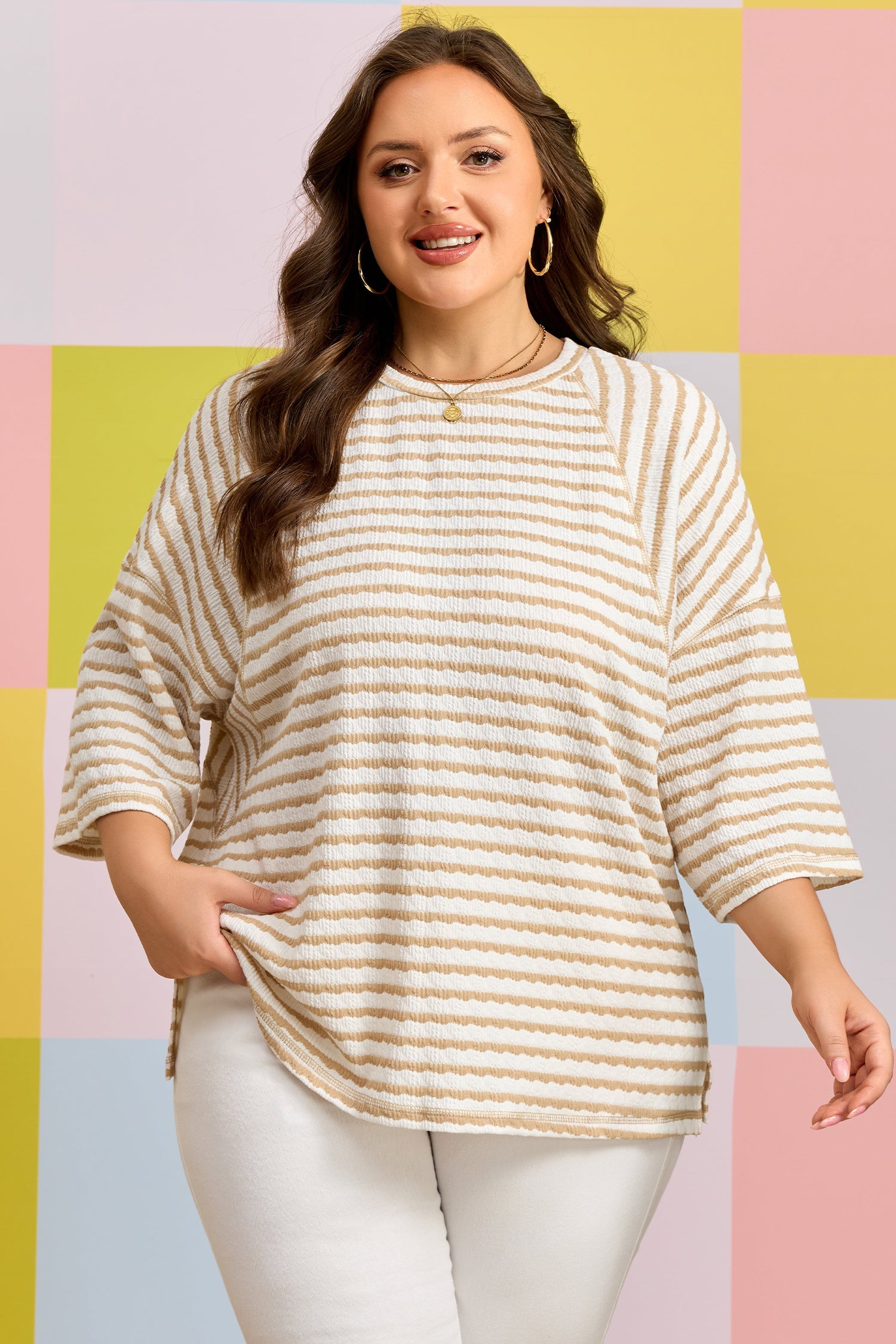 Plus Size Stripe Textured Patchwork 3/4 Sleeve Top