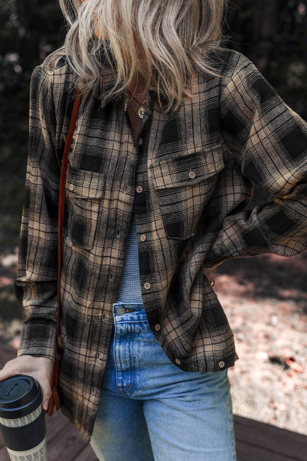 Plaid Double Flap Pocket Brushed Shacket