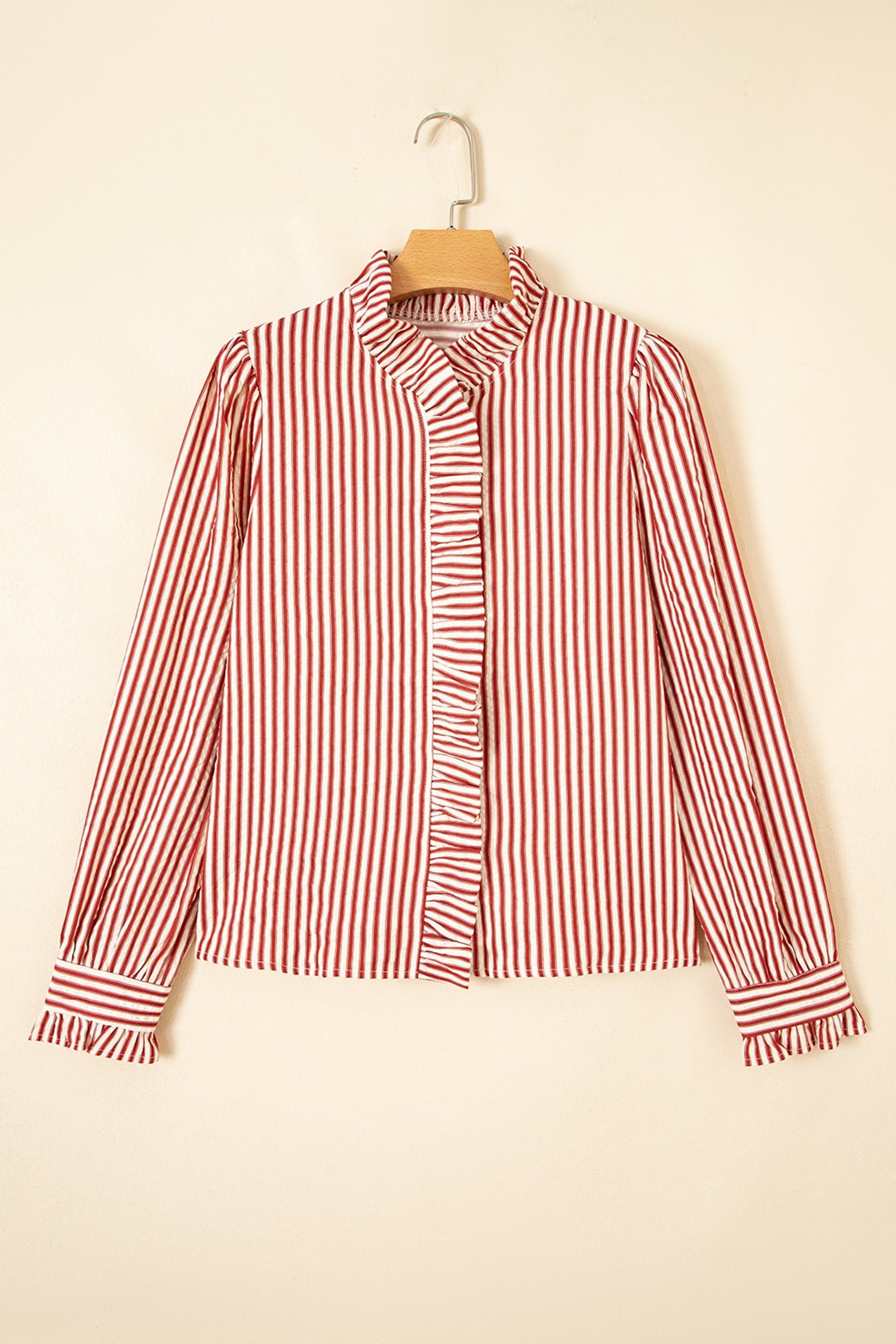 Stripe Textured Ruffle Trim Button-Up Long Sleeve Shirt