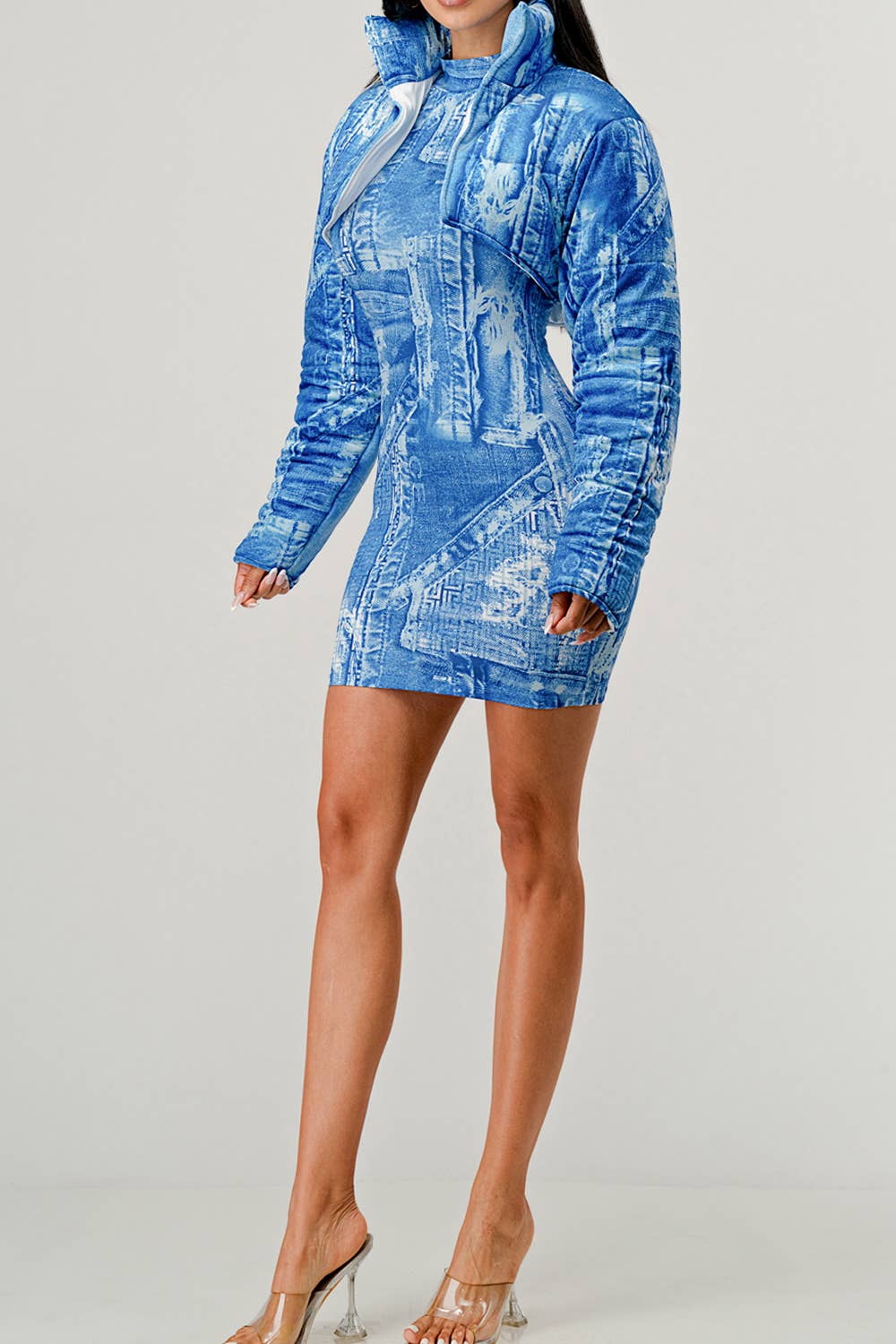 NC2049A Denim Print Mini Dress Set: BLUE / S-M-L (2-2-2)