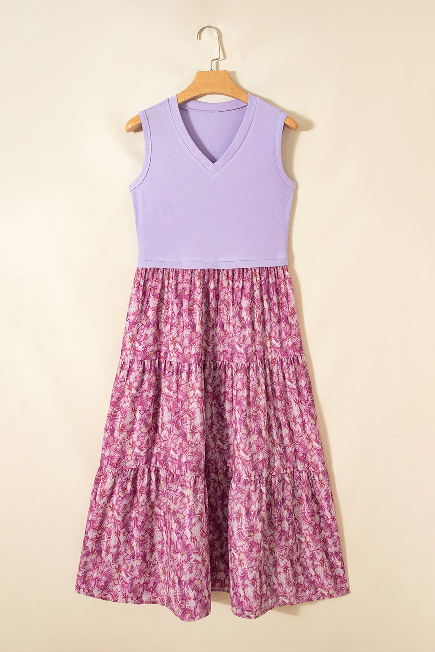 Floral Contrast Patchwork Ribbed V-Neck Tank Dress