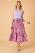 Floral Contrast Patchwork Ribbed V-Neck Tank Dress