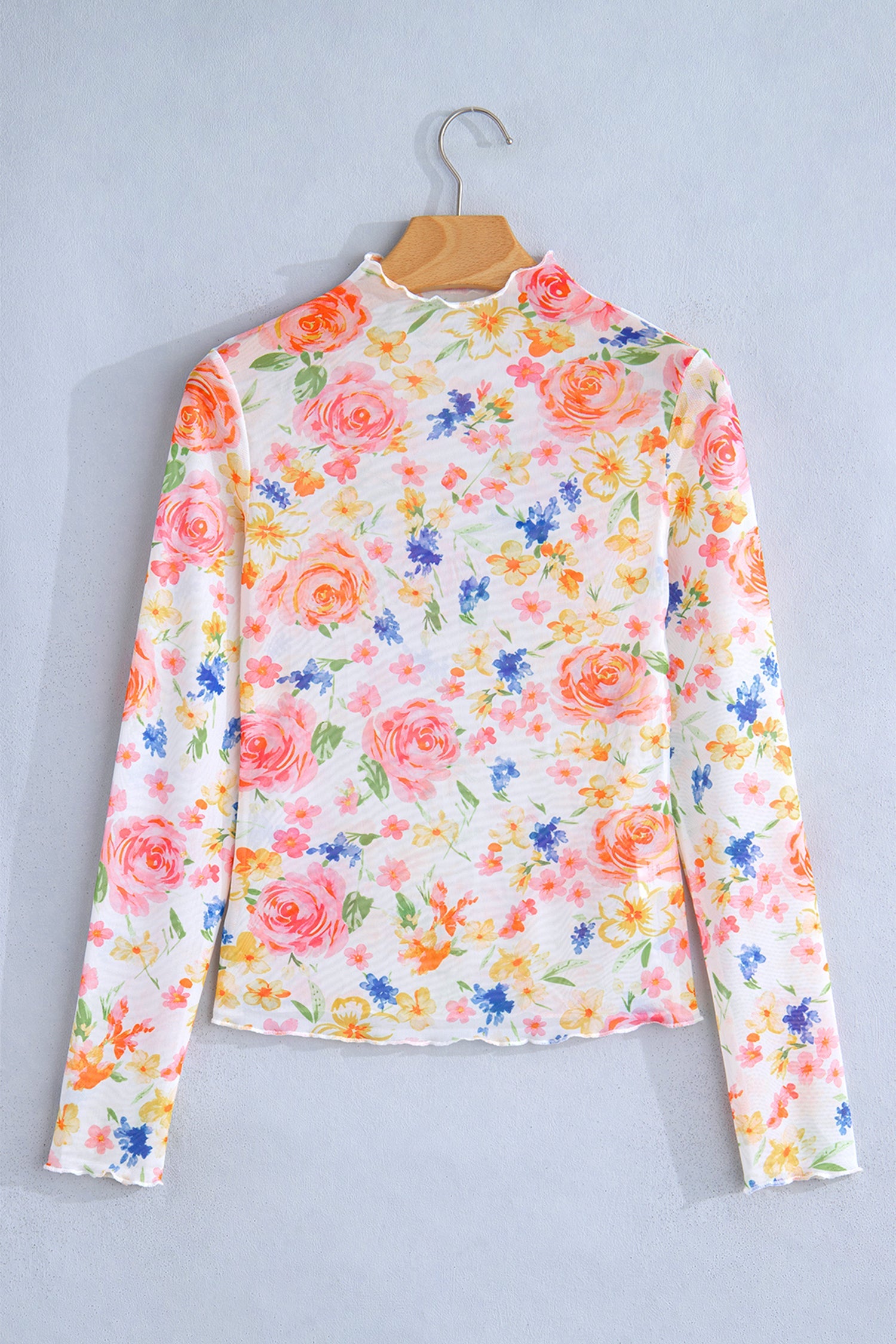 Floral Sheer Mesh Lettuce Trim Long Sleeve Top
