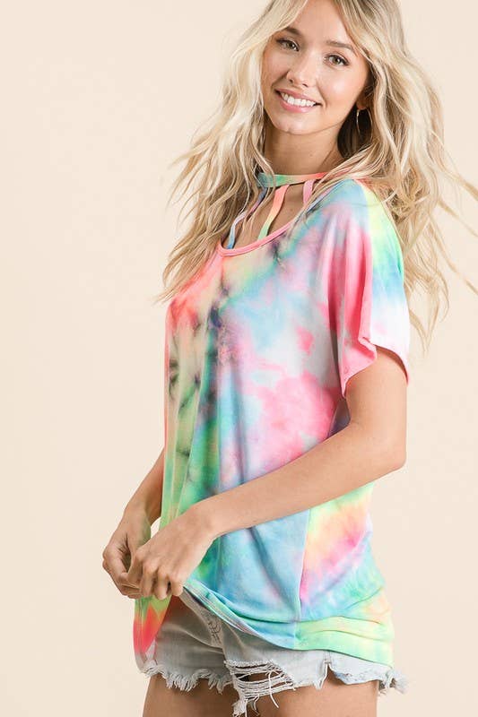 LMT1693-A-Get Back Criss Cross Tie Dye Top: NEON CORAL / S