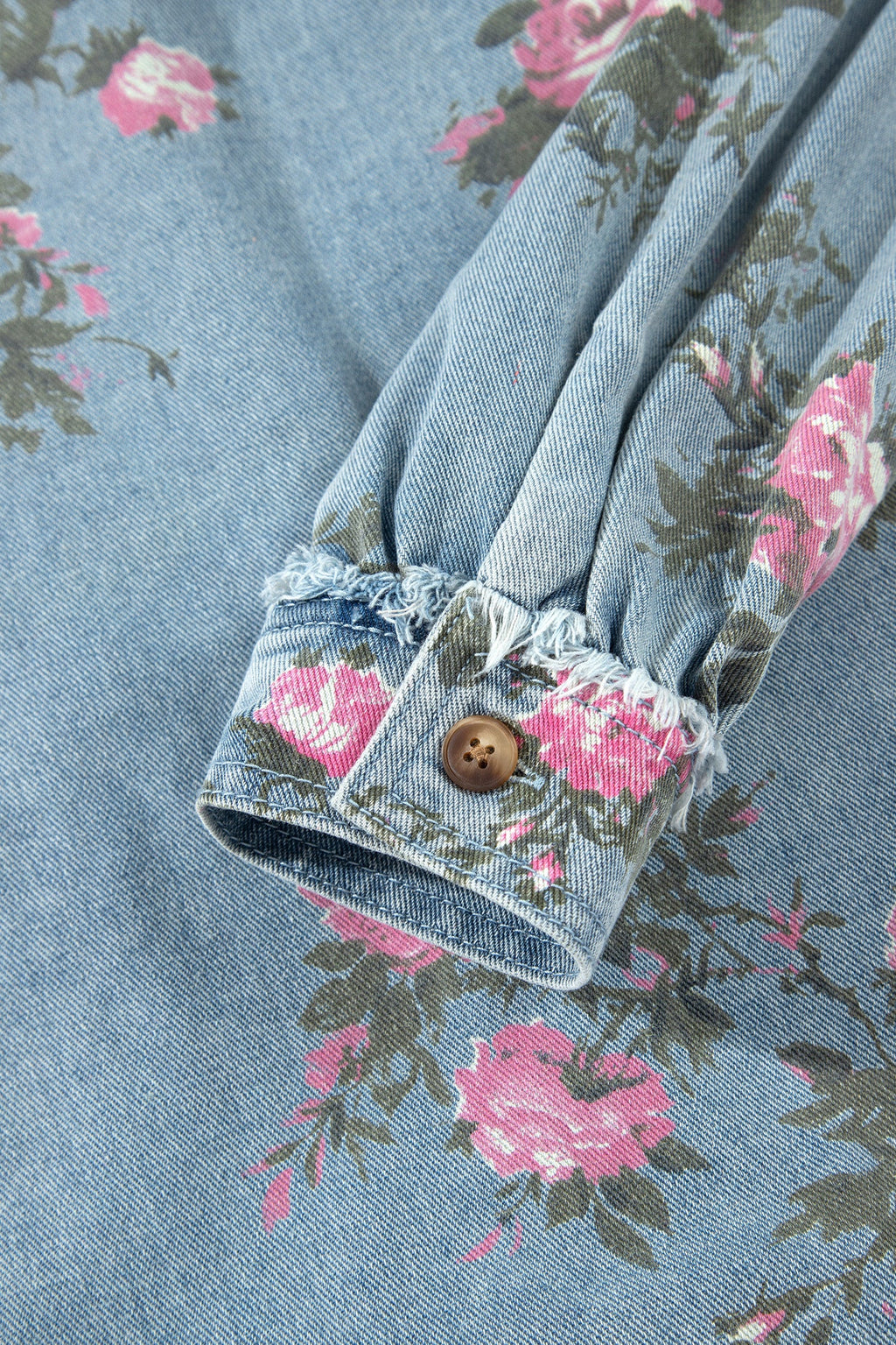 Floral Denim Raw Seam Ruffle Hem Jacket