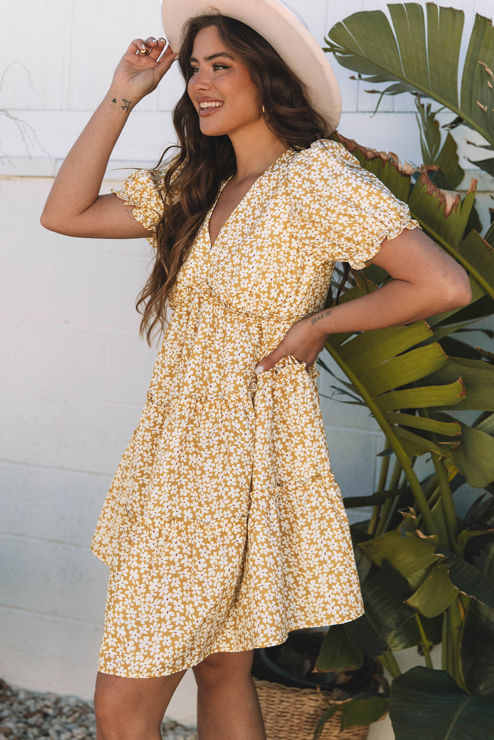Floral V-Neck Short Sleeve Tiered Mini Dress