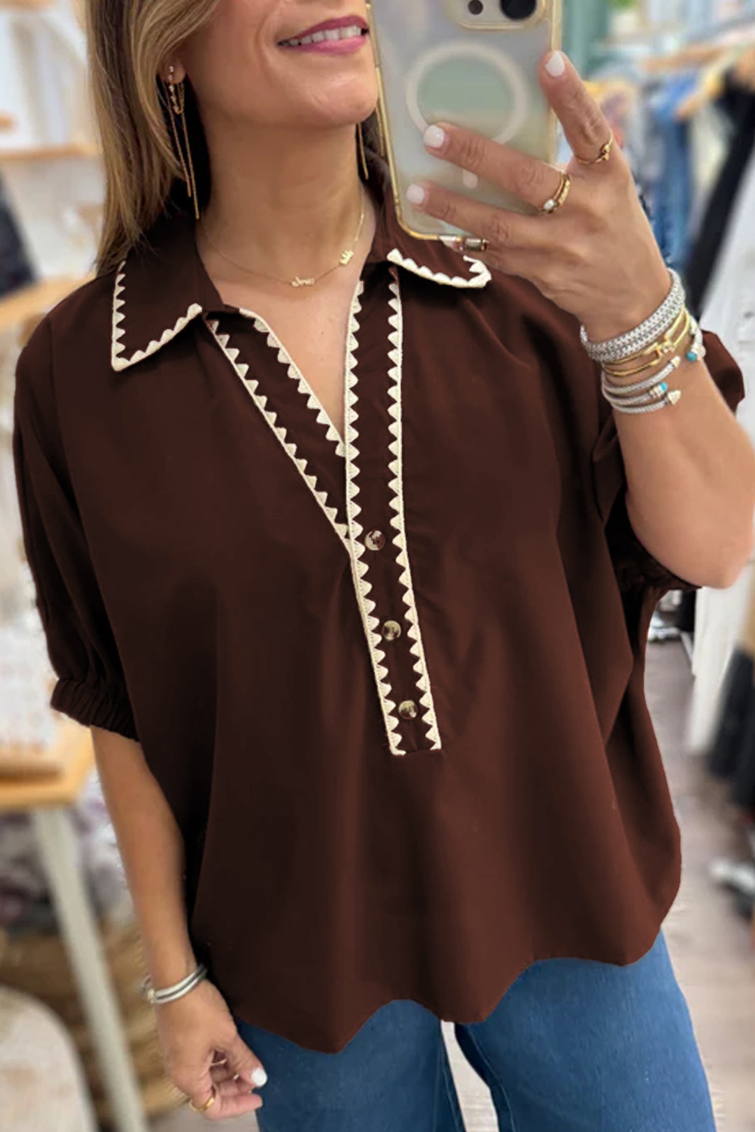 Contrast Trim Button V-Neck Short Sleeve Blouse
