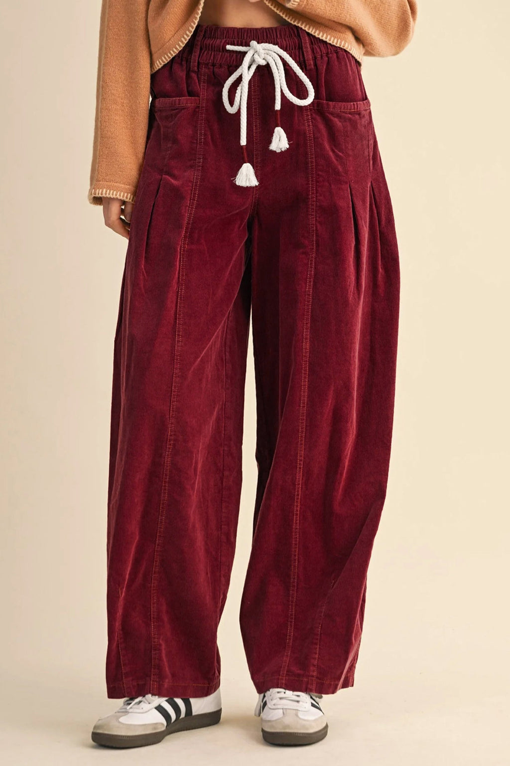 Corduroy Drawstring Waist Pleated Straight Leg Pants