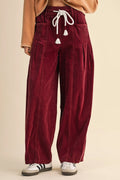 Corduroy Drawstring Waist Pleated Straight Leg Pants
