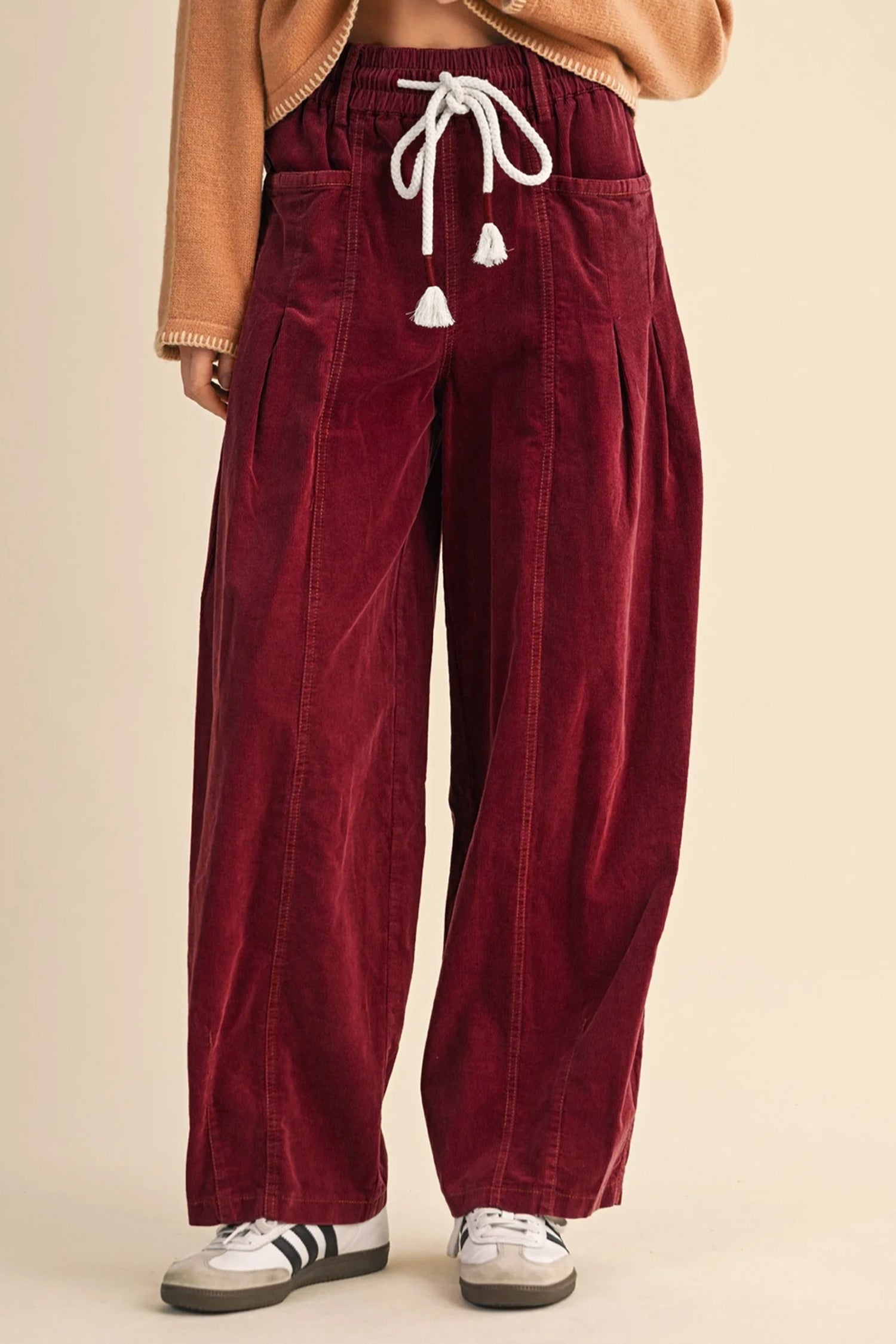 Corduroy Drawstring Waist Pleated Straight Leg Pants