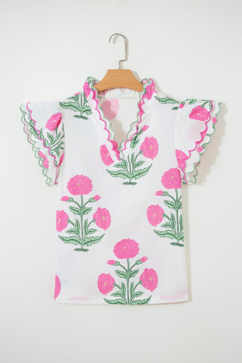 Flower Scallop Contrast Trim Short Sleeve Blouse