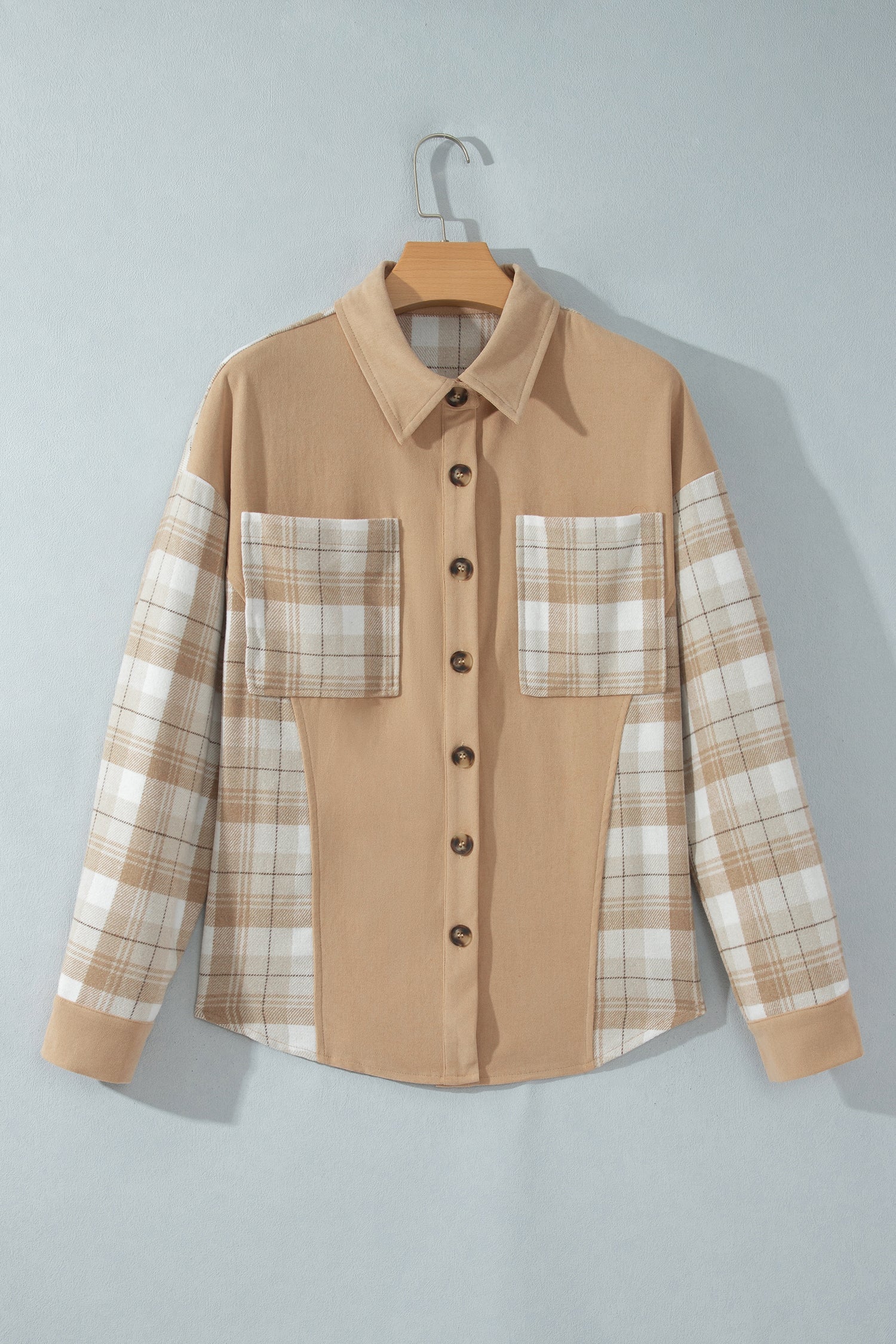 Plaid Colorblock Patch Pocket Buttoned Shacket