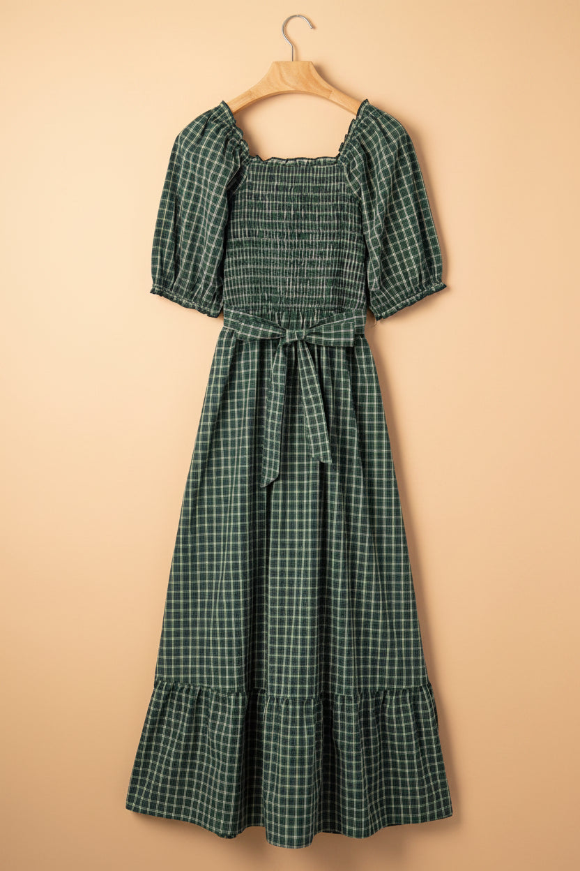 Plaid Shirred High Waist Square Neck Ruffle Hem Dress