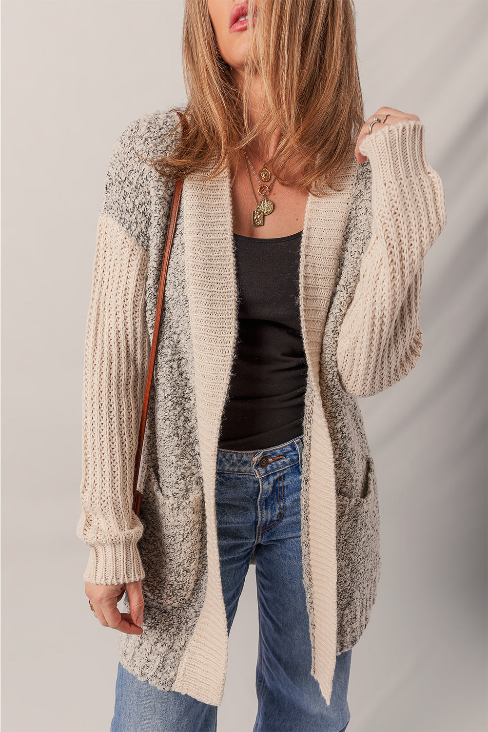 Colorblock Open Front Pocketed Cardigan