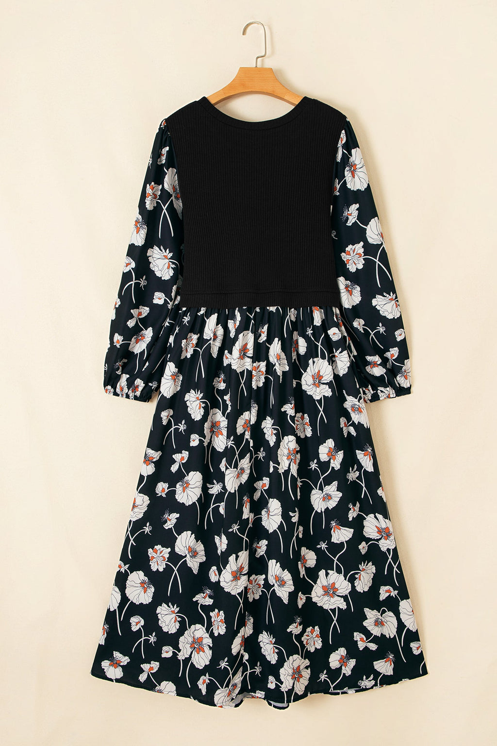 Plus Size Floral Ribbed Patchwork Long Sleeve Midi Dress