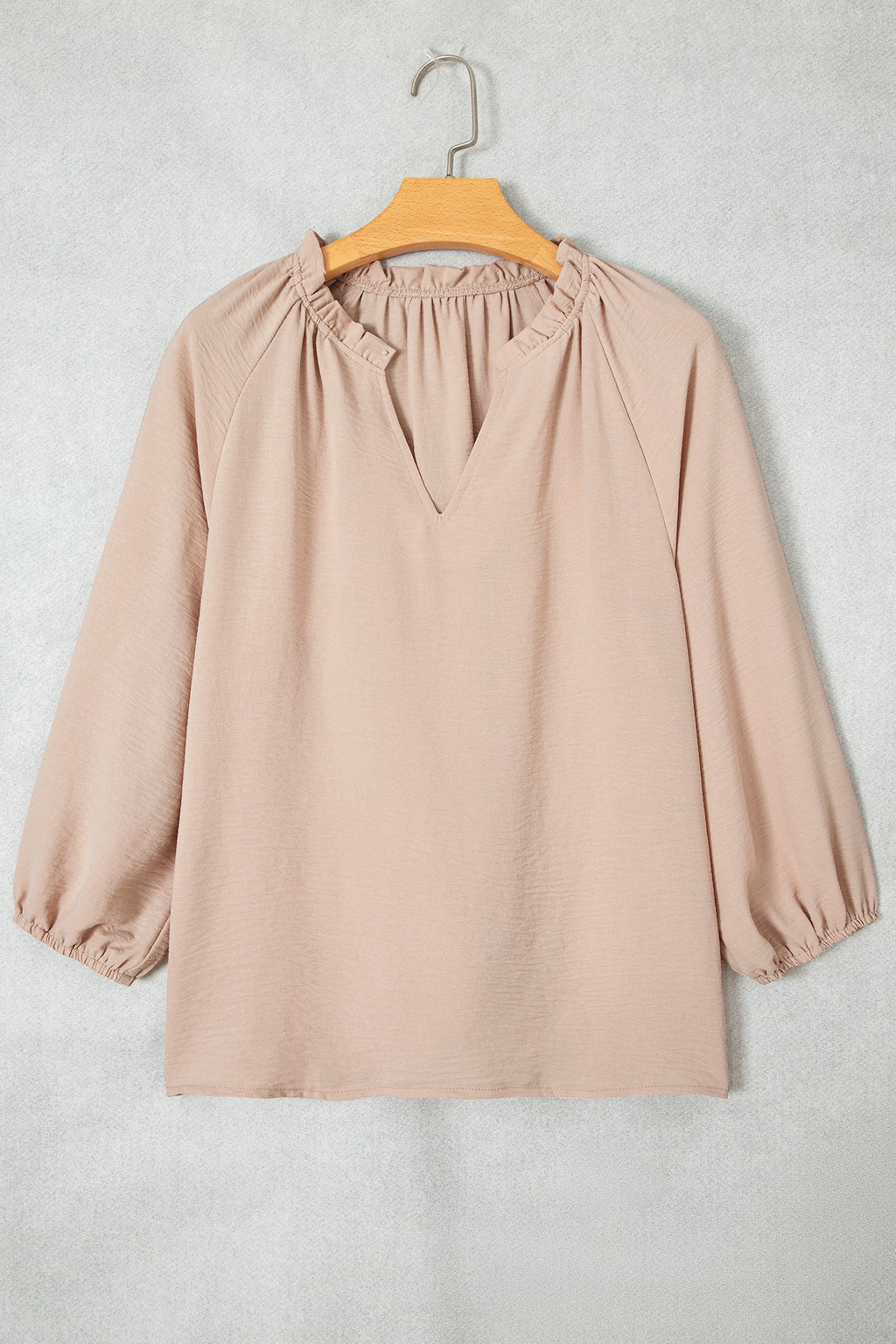 Solid Gathered Cuff 3/4 Sleeve V-Neck Blouse