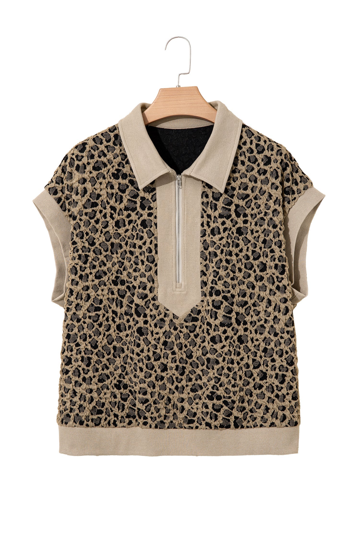 Plus Size Leopard Patchwork Ribbed Zip Up Collar Top