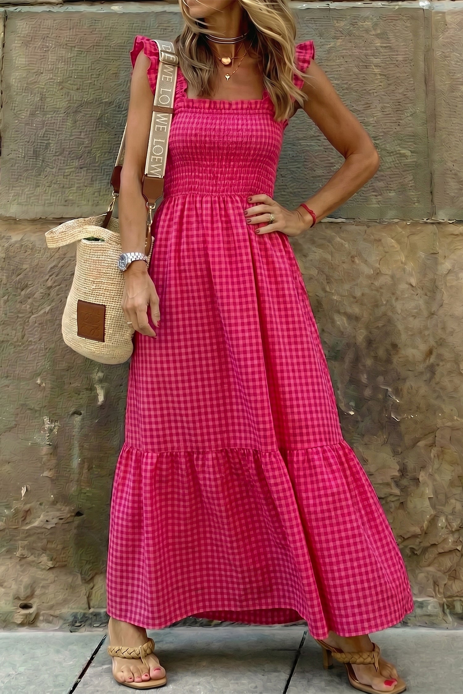 Gingham Plaid Smocked Square Neck Sundress