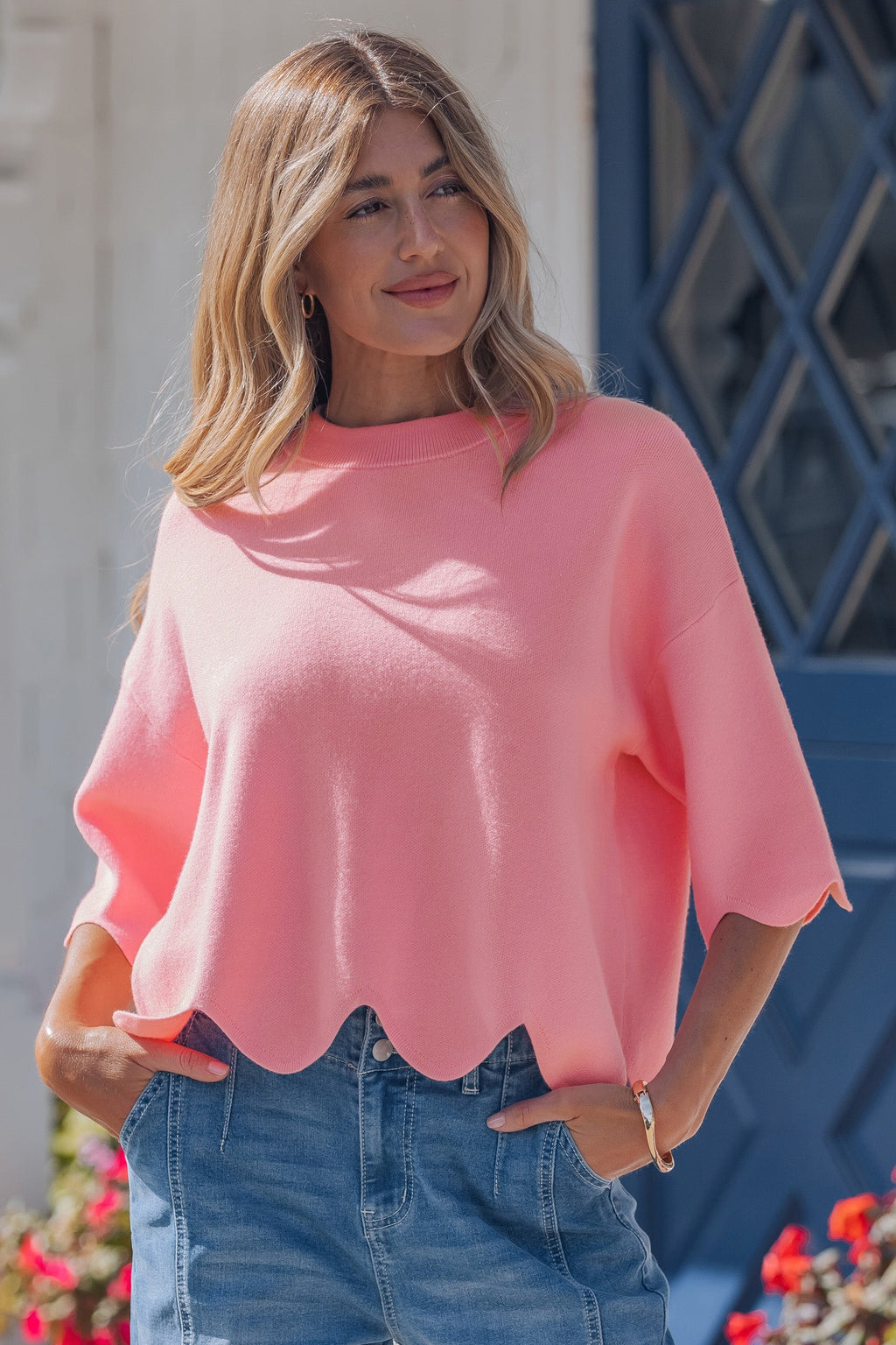Solid Scalloped Hem 3/4 Sleeve Sweater Top