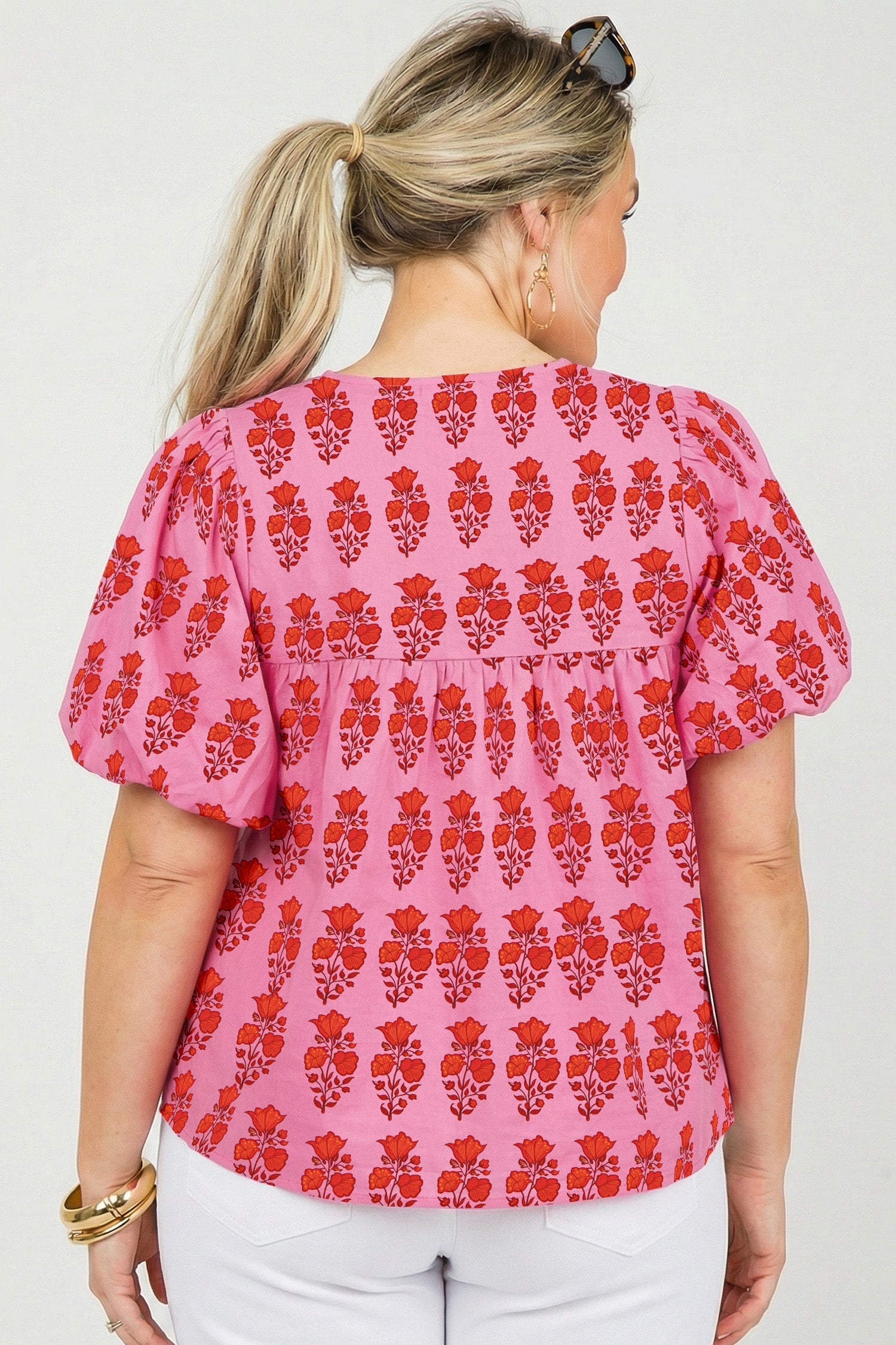 Plus Size Floral Tassel Tie Puff Sleeve Blouse