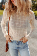 Sheer Plaid Mesh Lettuce Trim Long Sleeve Top