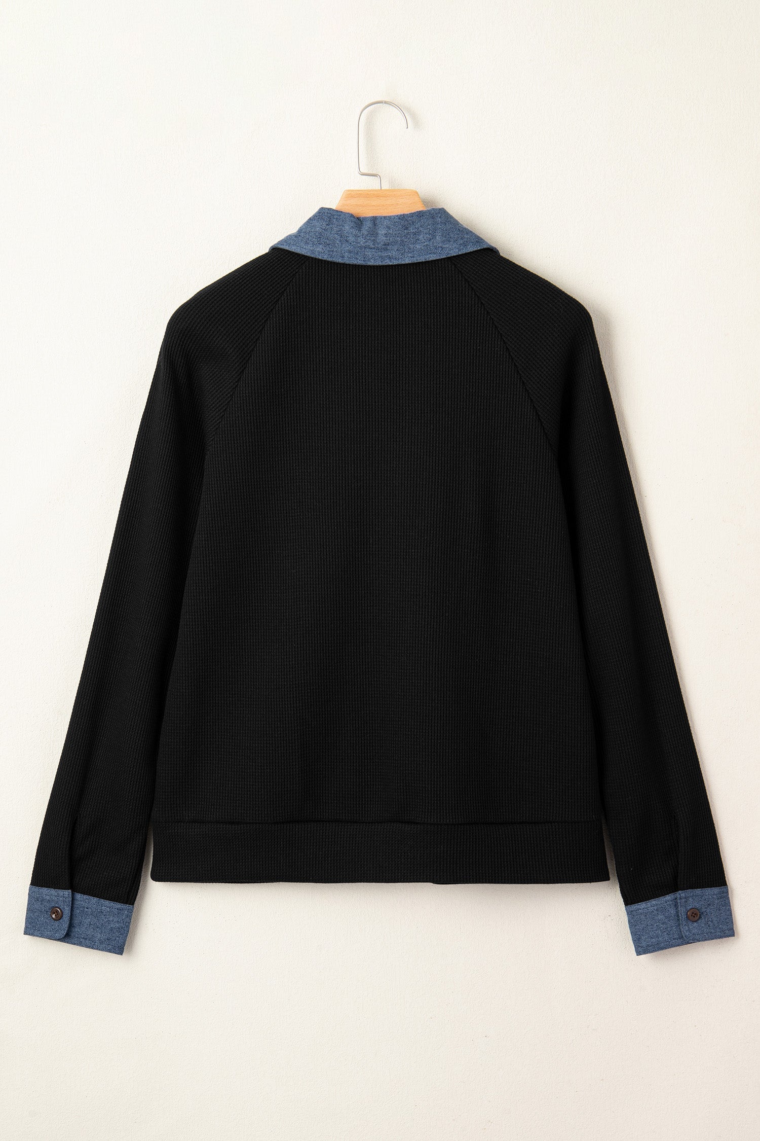 Denim Patchwork Textured Knit Polo Collar Top