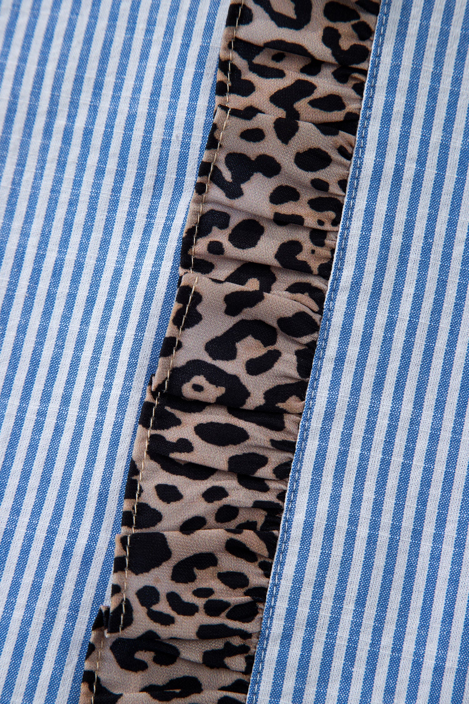 Stripe Leopard Ruffle Long Sleeve Buttoned Shirt