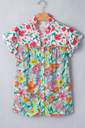 Floral Flutter Sleeve Split Neck Buttoned Blouse