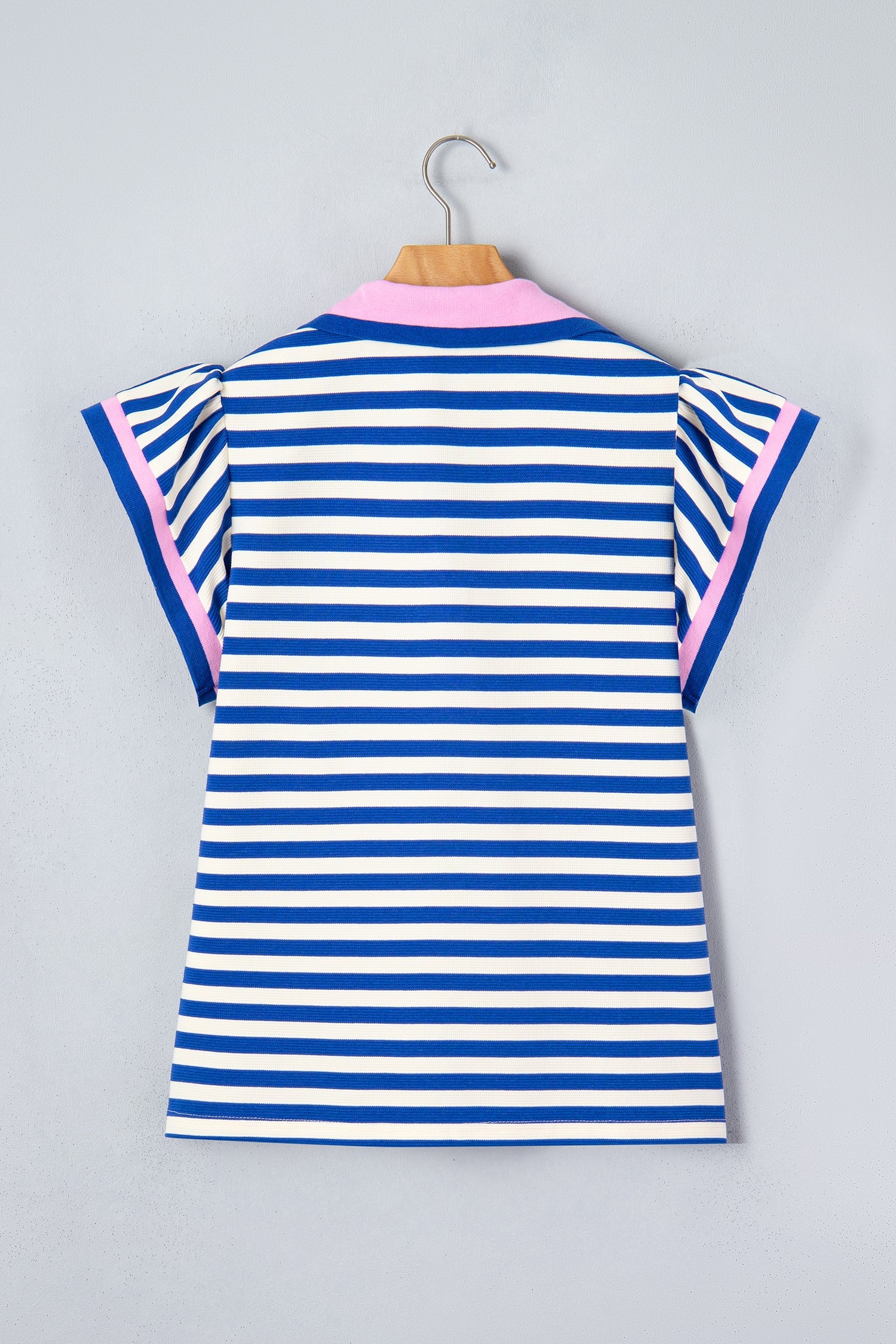 Stripe Contrast Trim Polo Collar Ruffle Sleeve Blouse