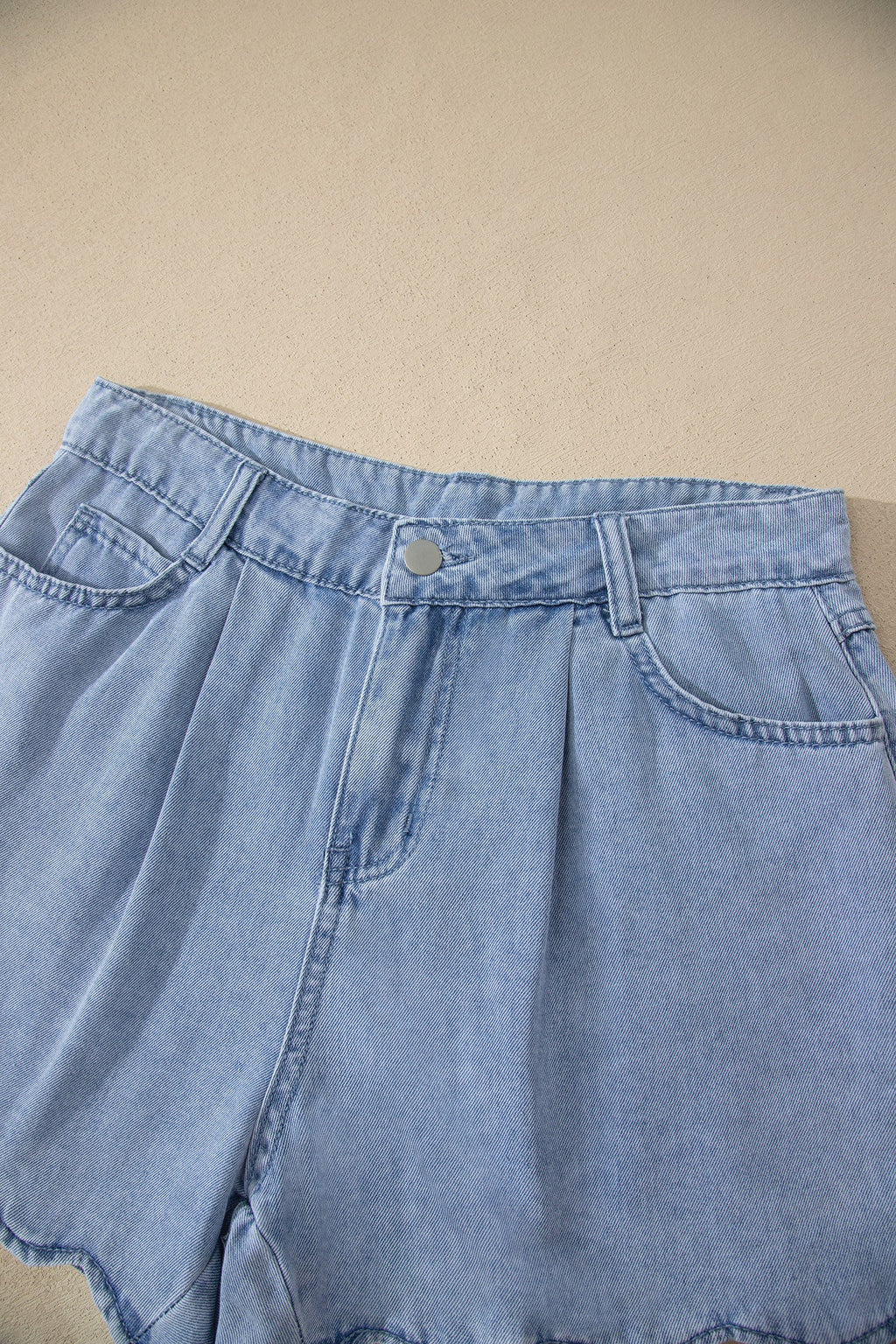 Solid Denim Scalloped Trim High Waist Shorts