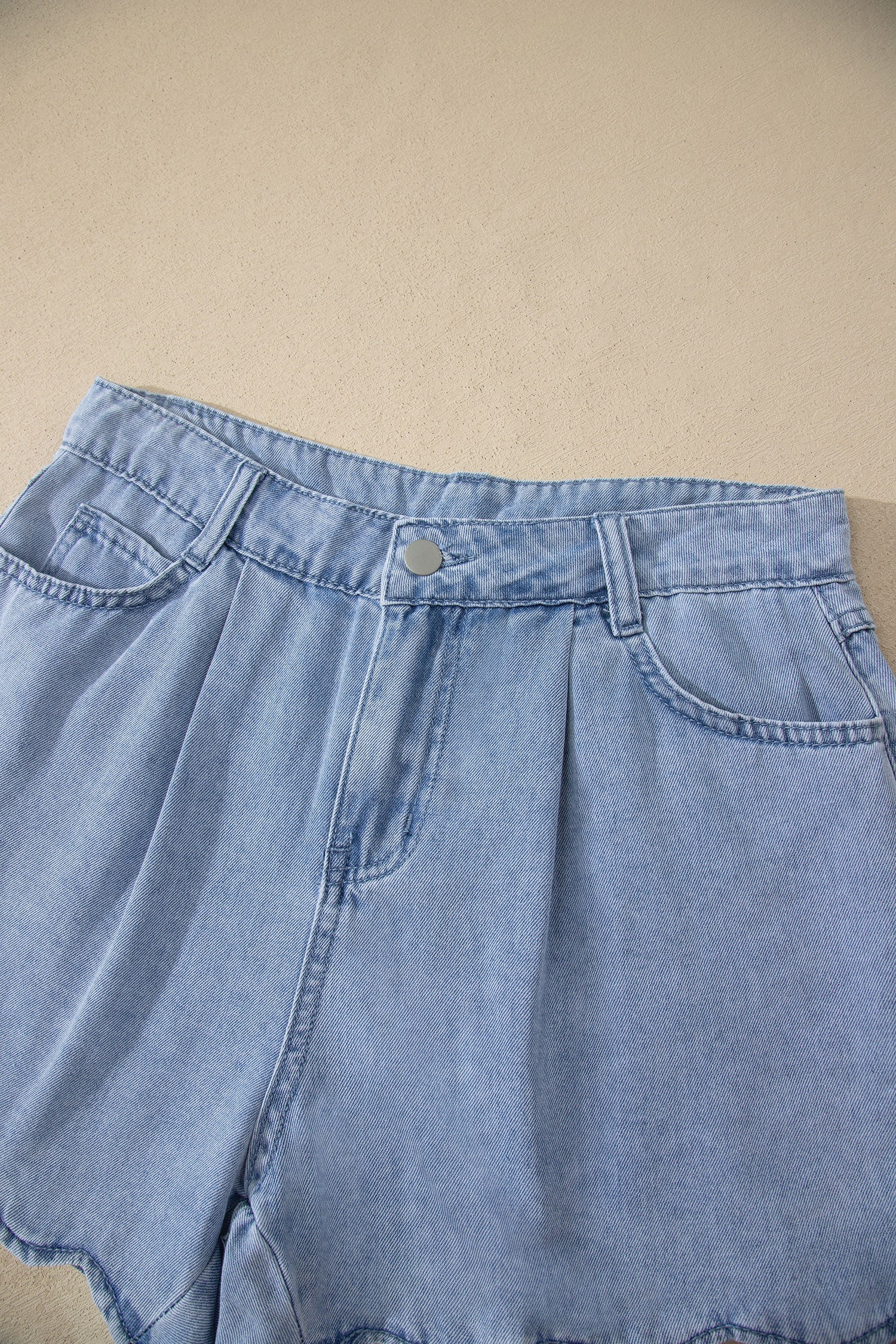 Solid Denim Scalloped Trim High Waist Shorts