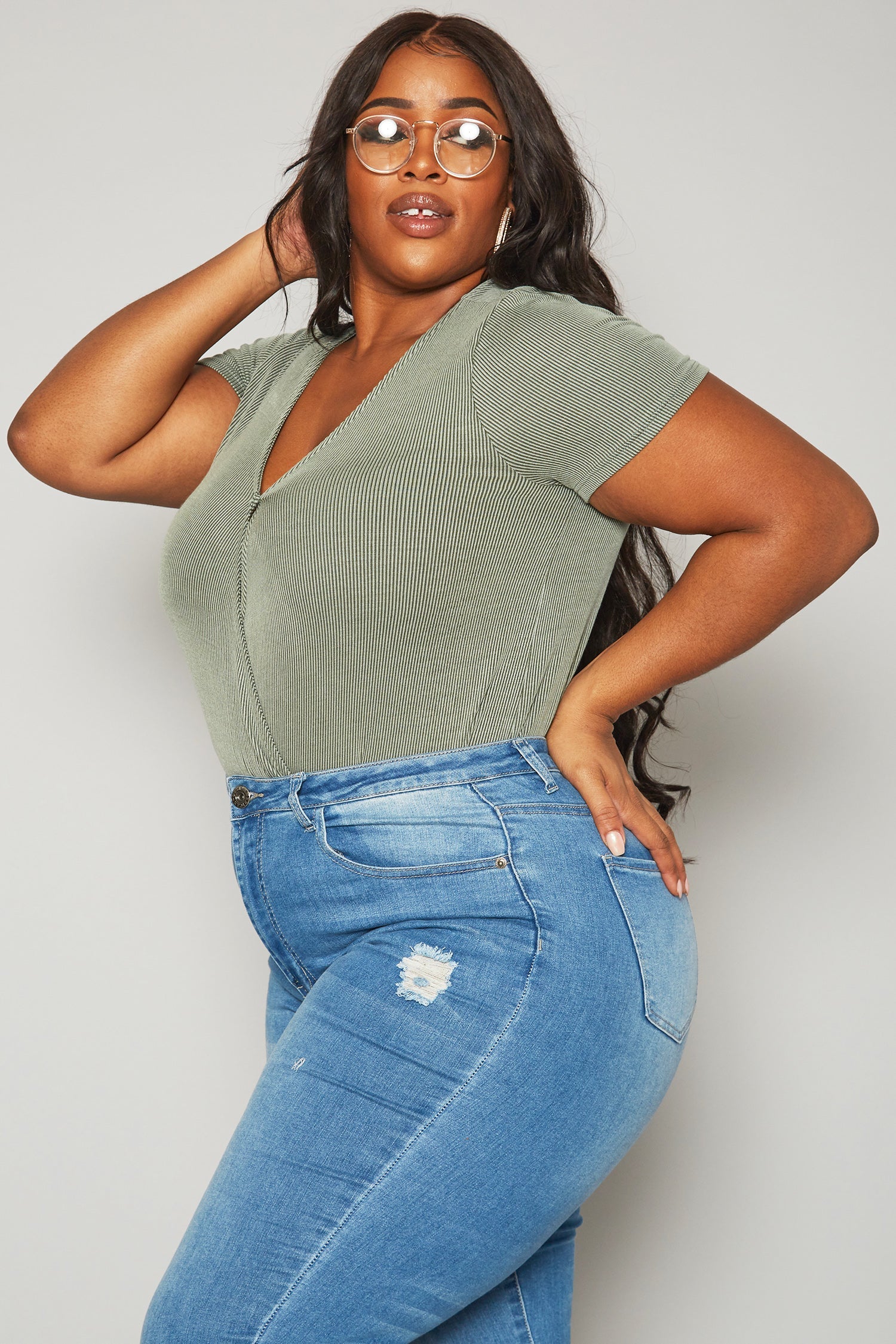 Plus Size Women's Ribbed V Neck Short Sleeve Bodysuit